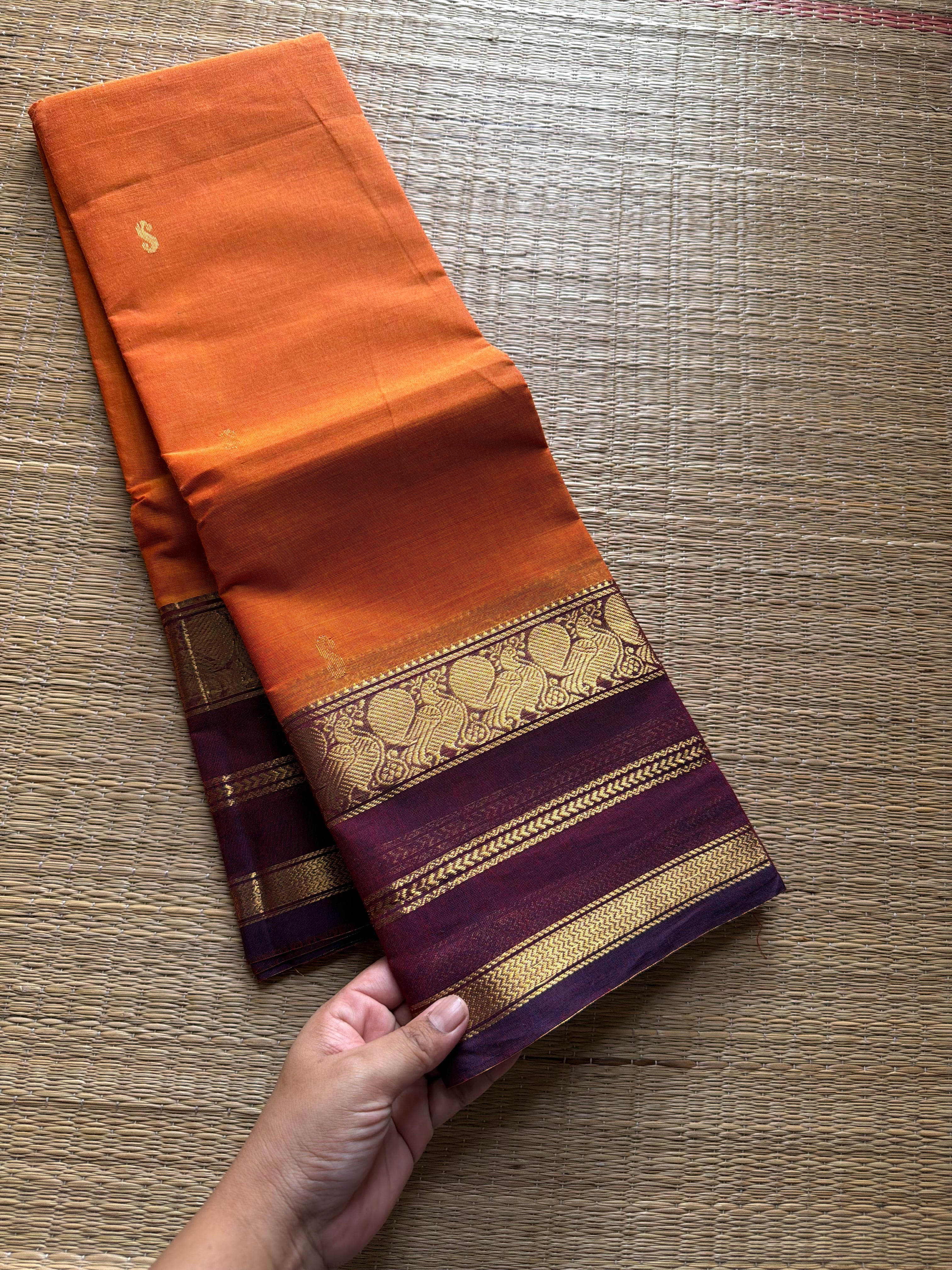 RF418 Orange with maroon combination Kanchi cotton saree with handmade Buttas