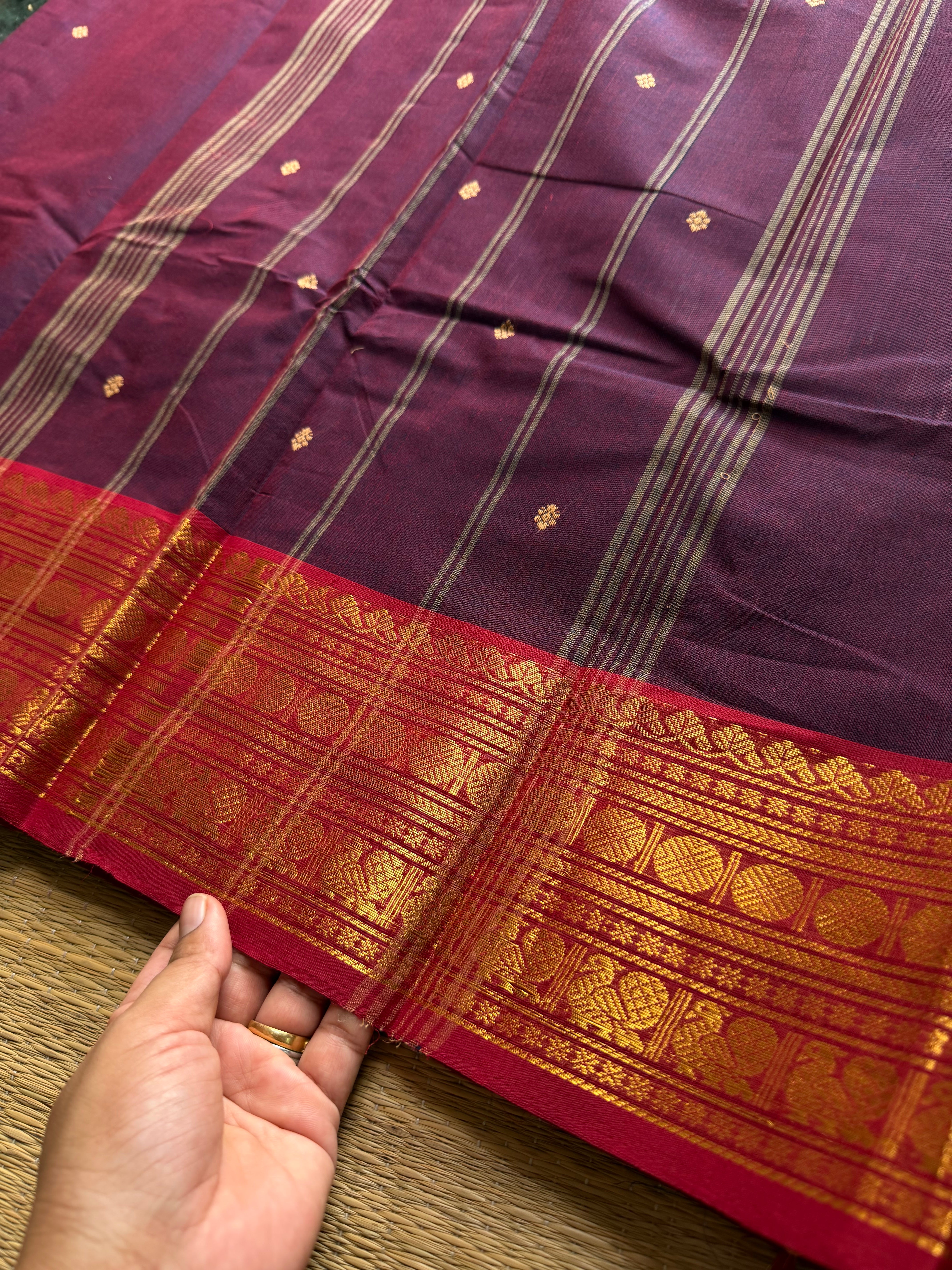 RF546 Dual tone purple shade Kanchi cotton saree with handmade thread buttas