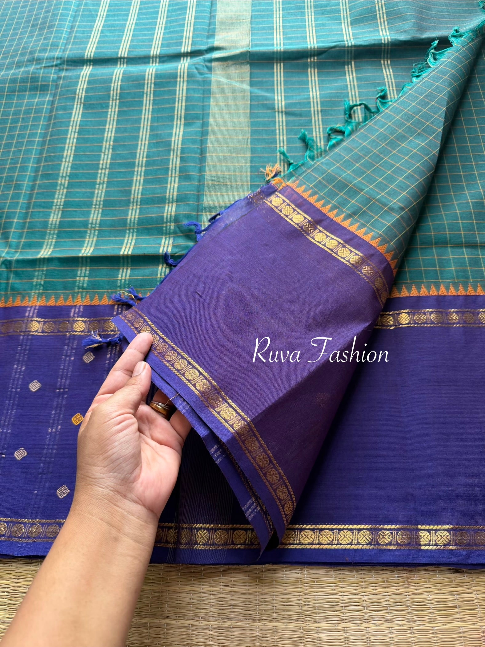 RF26 Peacock Blue Shade Vintage Style Border with checks pattern & handwoven Buttas on the border - RF26