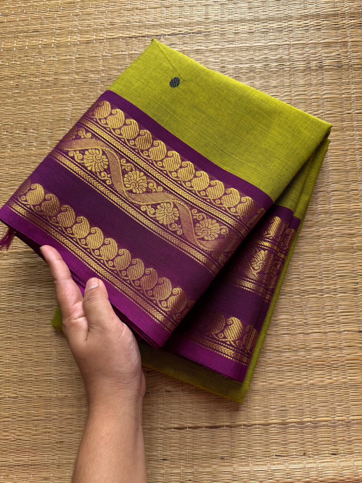 RF369 Green with contrast purple combination mango and floral pattern border Kanchi cotton saree with handmade thread buttas