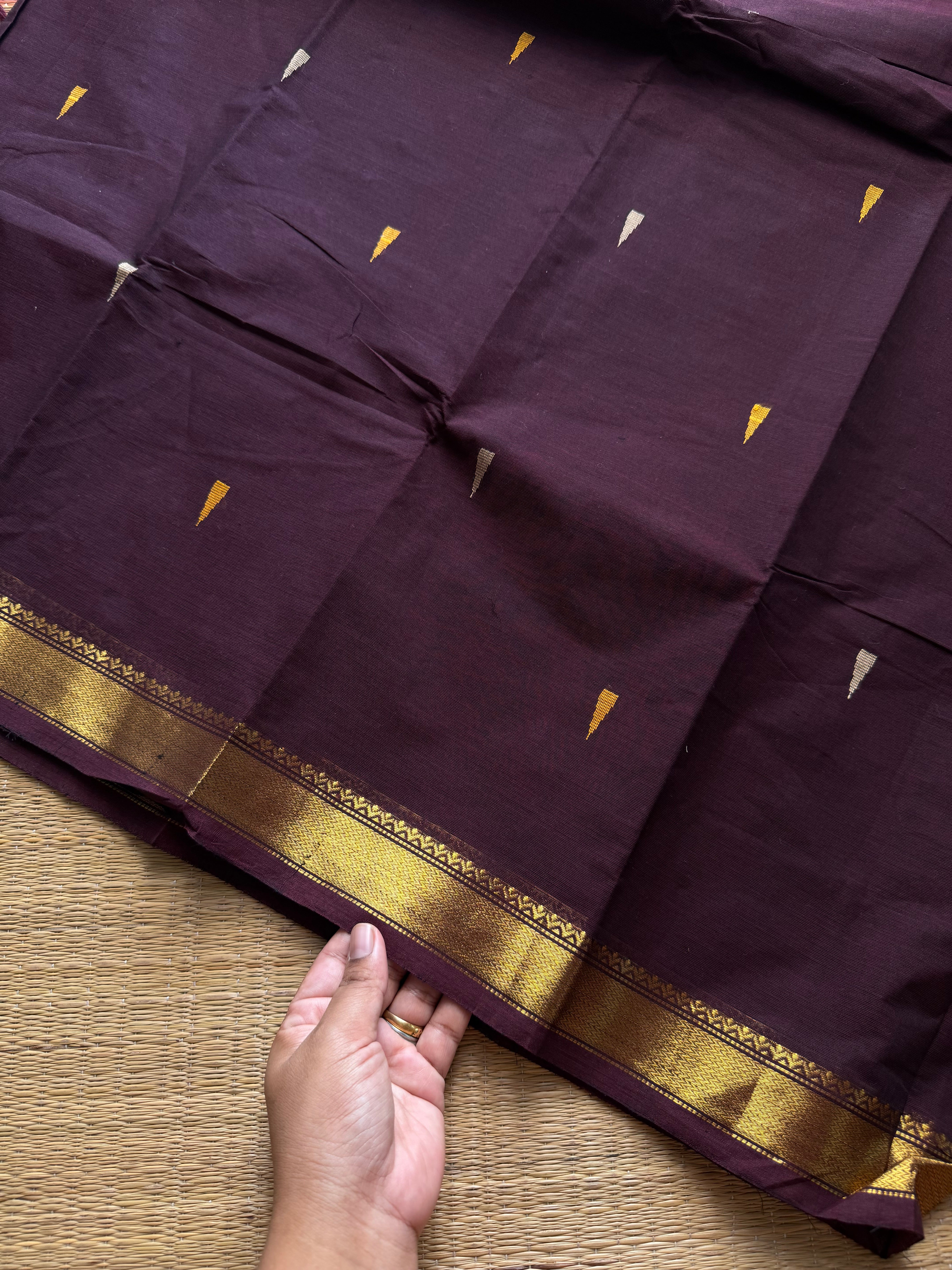 RF1404 Monotone deep coffee brown ~ Small border Kanchi cotton saree with handmade thread buttas