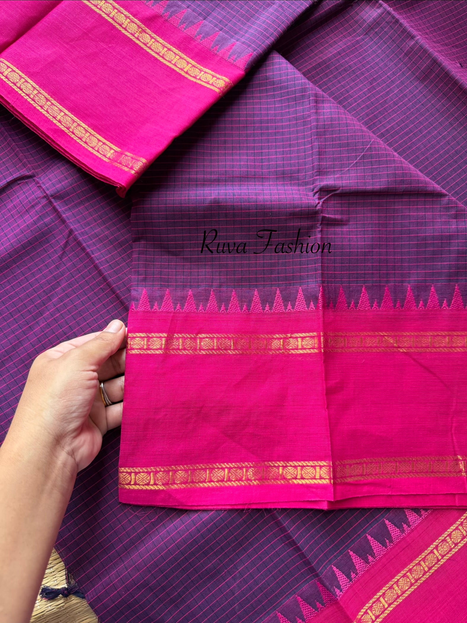 RF55 Dark purple shade with contrast pink vintage border Podi Kattam Kanchi cotton saree