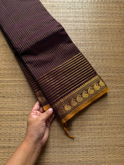 RF582 Coffee brown ~ Vairaoosi pattern Kanchi cotton saree with small contrast mango Zari border
