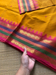 RF735 Dual tone mustard yellow shade Kanchi cotton saree with multicolour Thazhampoo pattern border and handmade thread buttas
