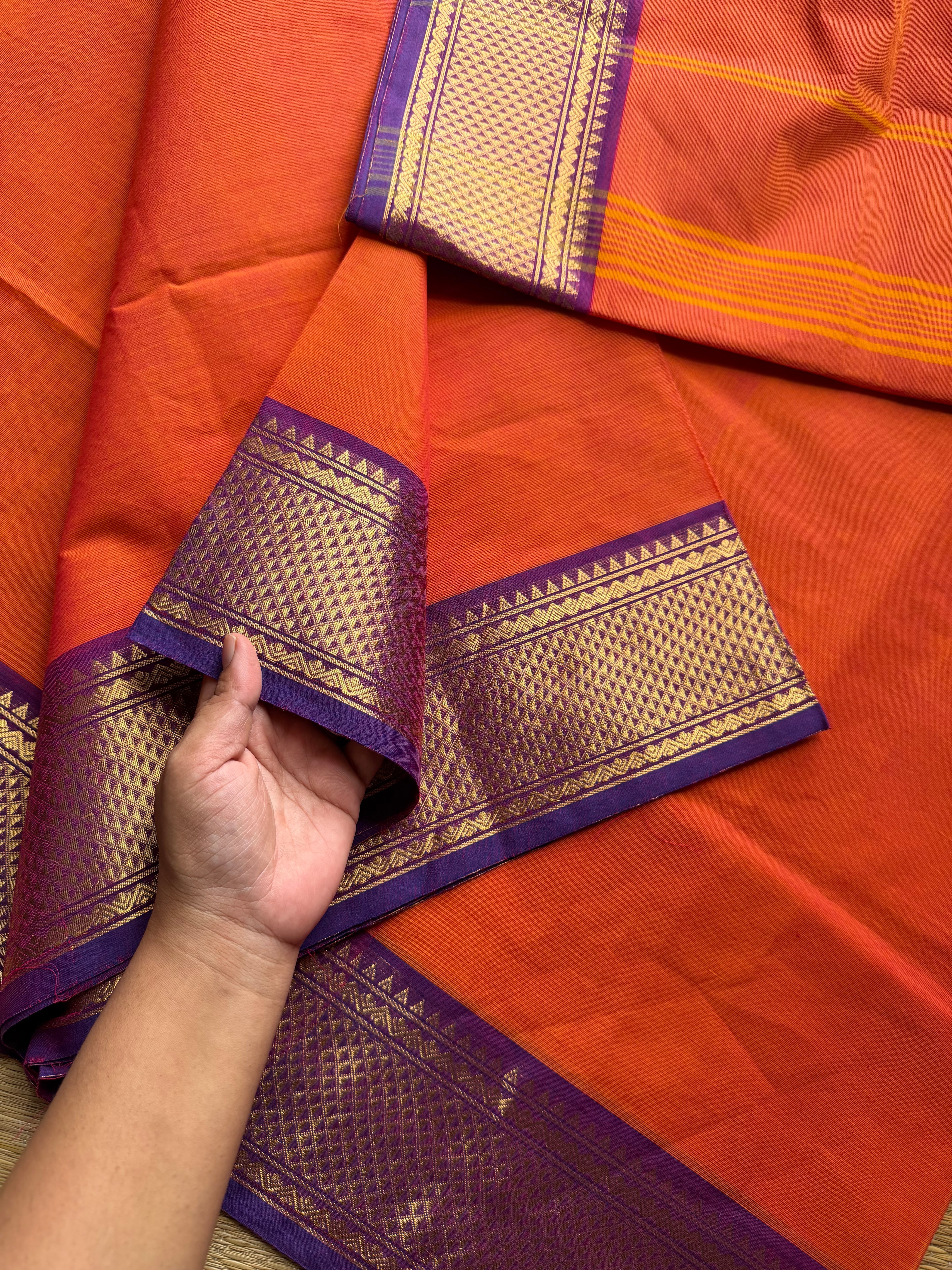 RF475 Orange with contrast purple combination Kanchi cotton saree