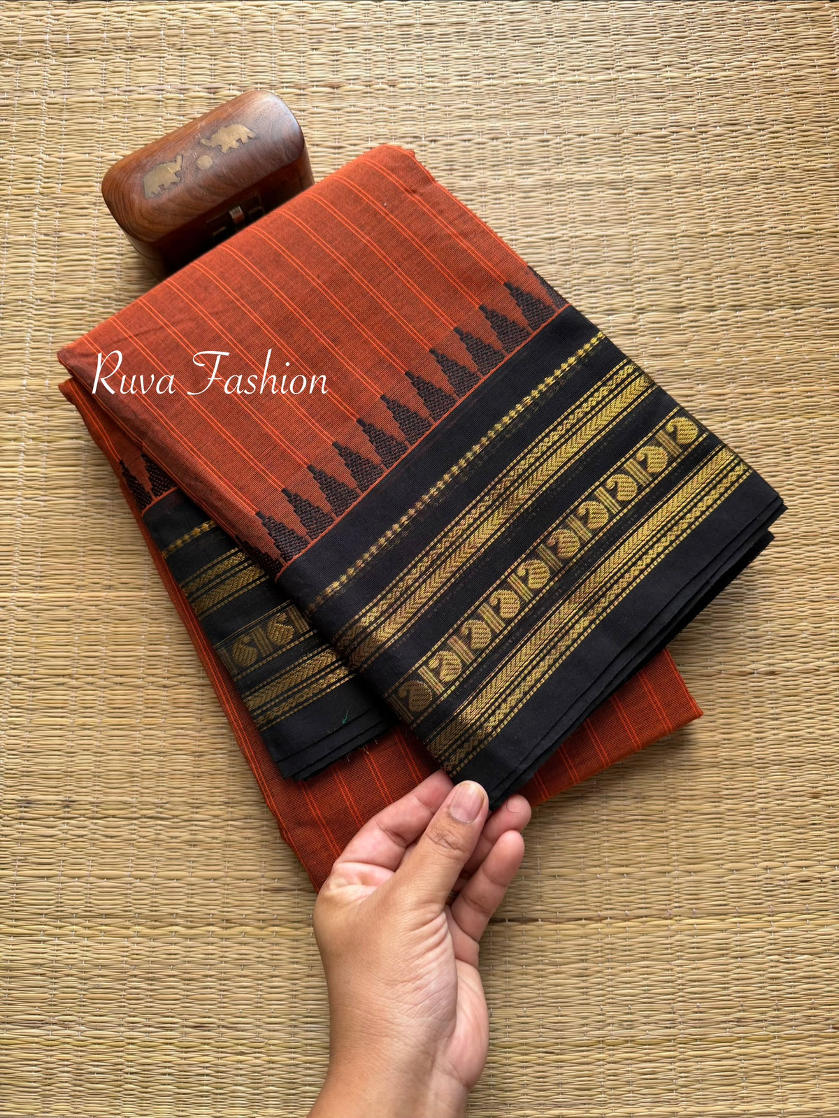 RF883 Rust orange with black combination Kanchi cotton saree with vertical stripes pattern