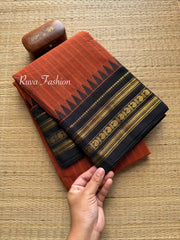 RF59 Rust Orange shade with contrast black Zari Border Kanchi cotton saree with striped pattern