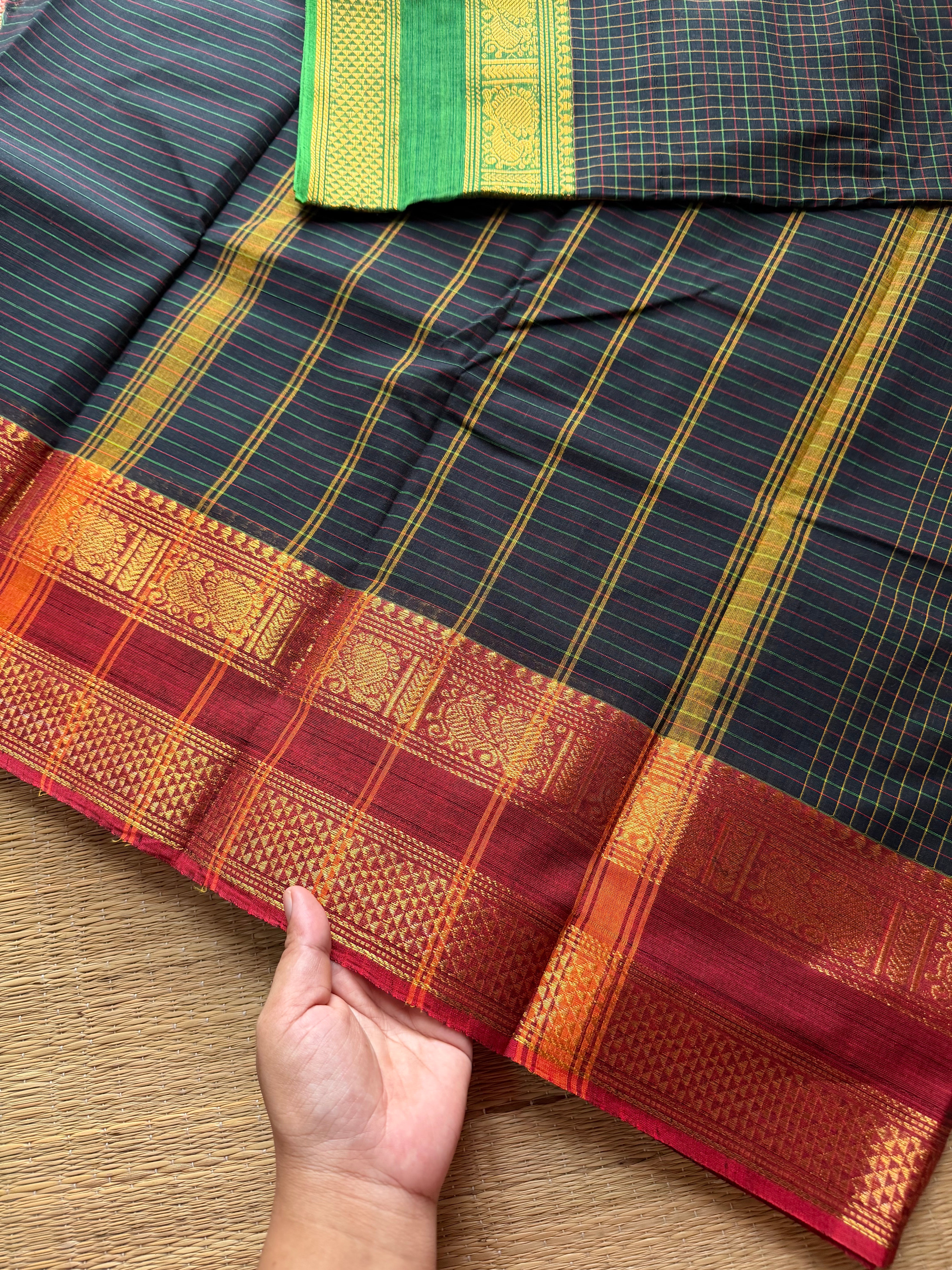 RF460 Black shade kanchi cotton saree with green and maroon combination Ganga Jamuna border with checks / Kattam pattern