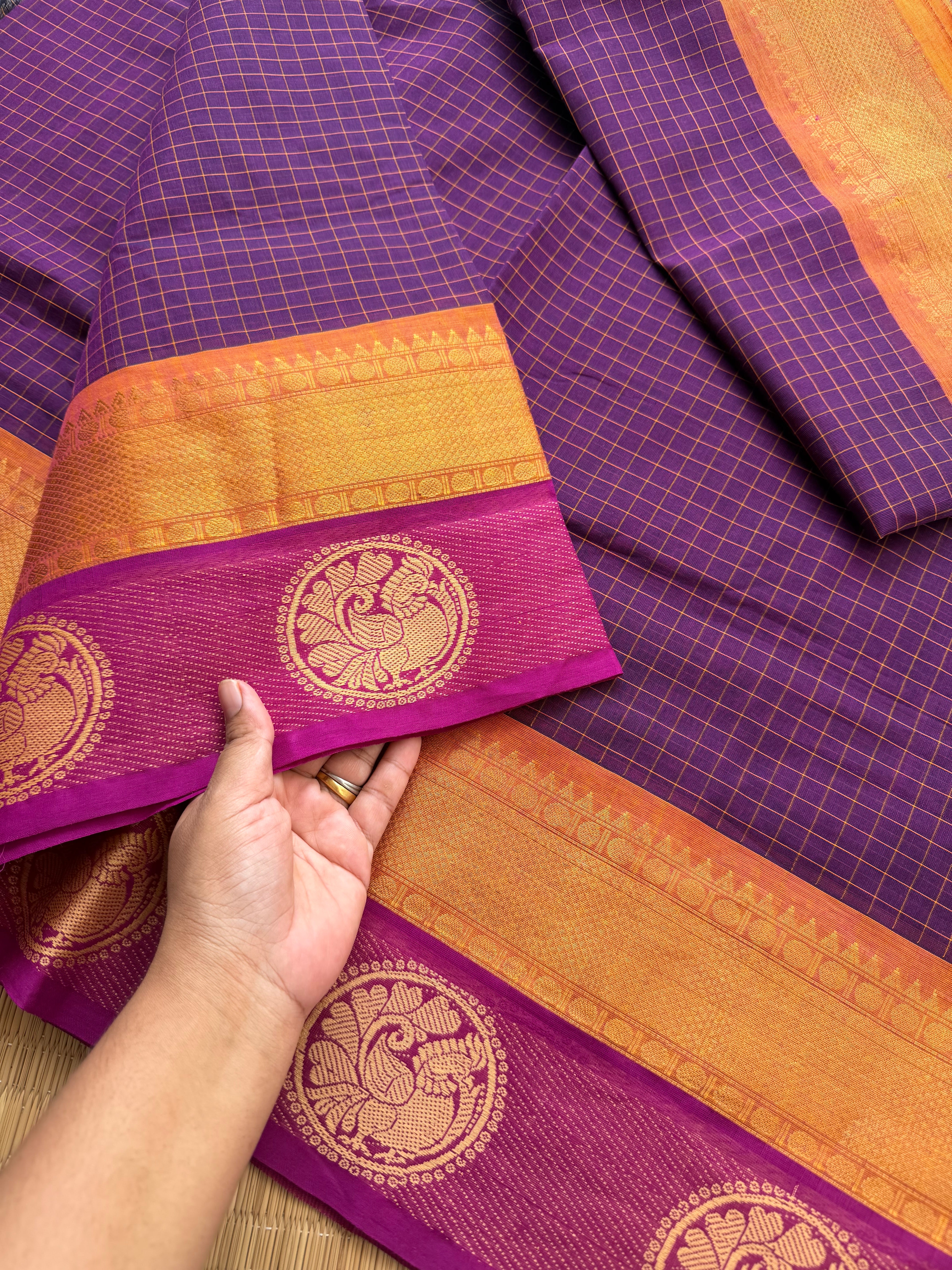 RF170 Purple shade Kattam / checks pattern Kanchi cotton saree with contrast zari & thread woven border