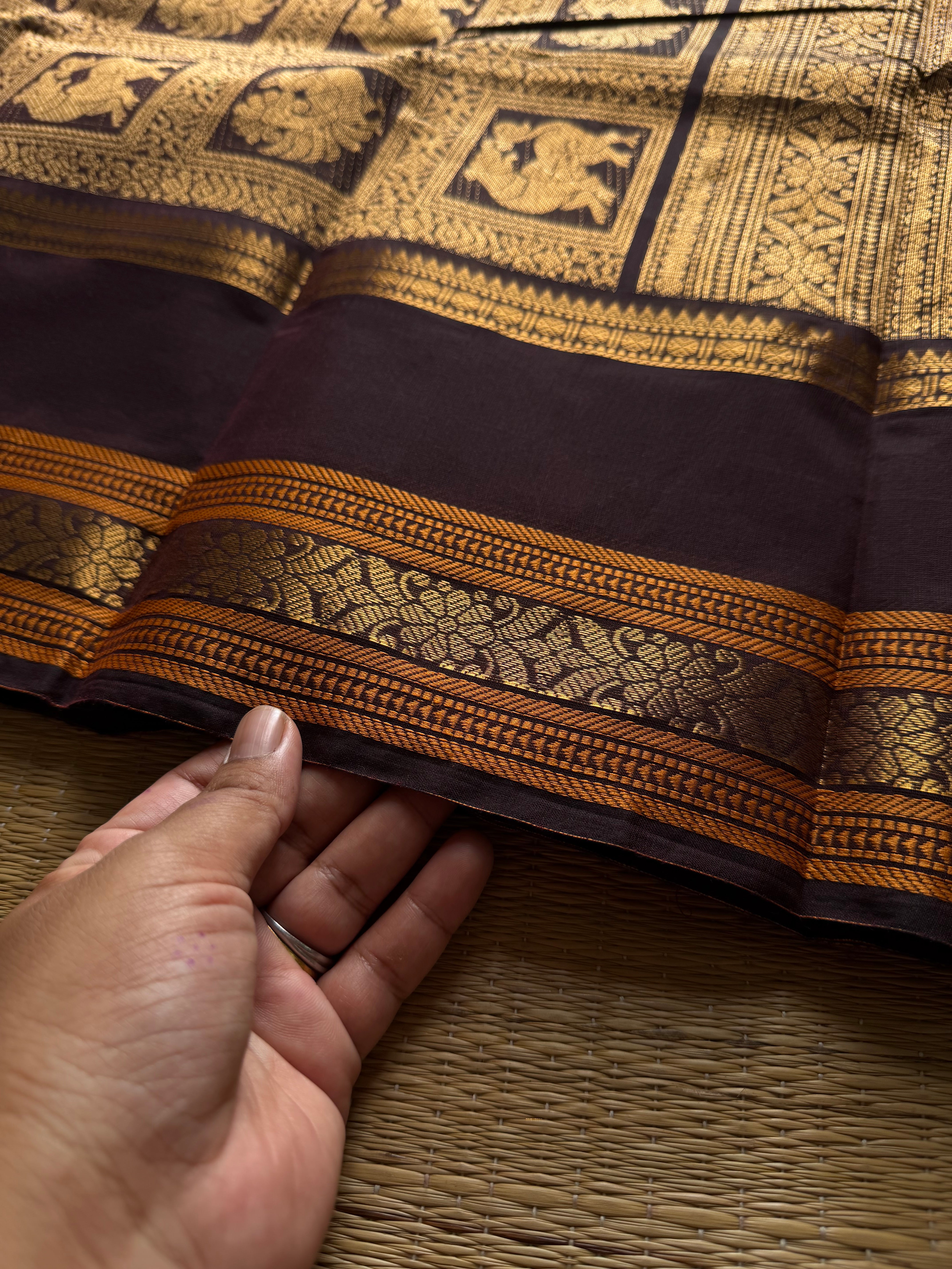 RF827 Premium Rich Pallu Kanchi Cotton Saree ~ Deep Coffee Brown with floral, Annam & Yazhi pattern Zari woven