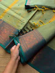 RF891 Copper Zari Kanchi cotton saree with handmade thread buttas ~ Dual tone Apple green