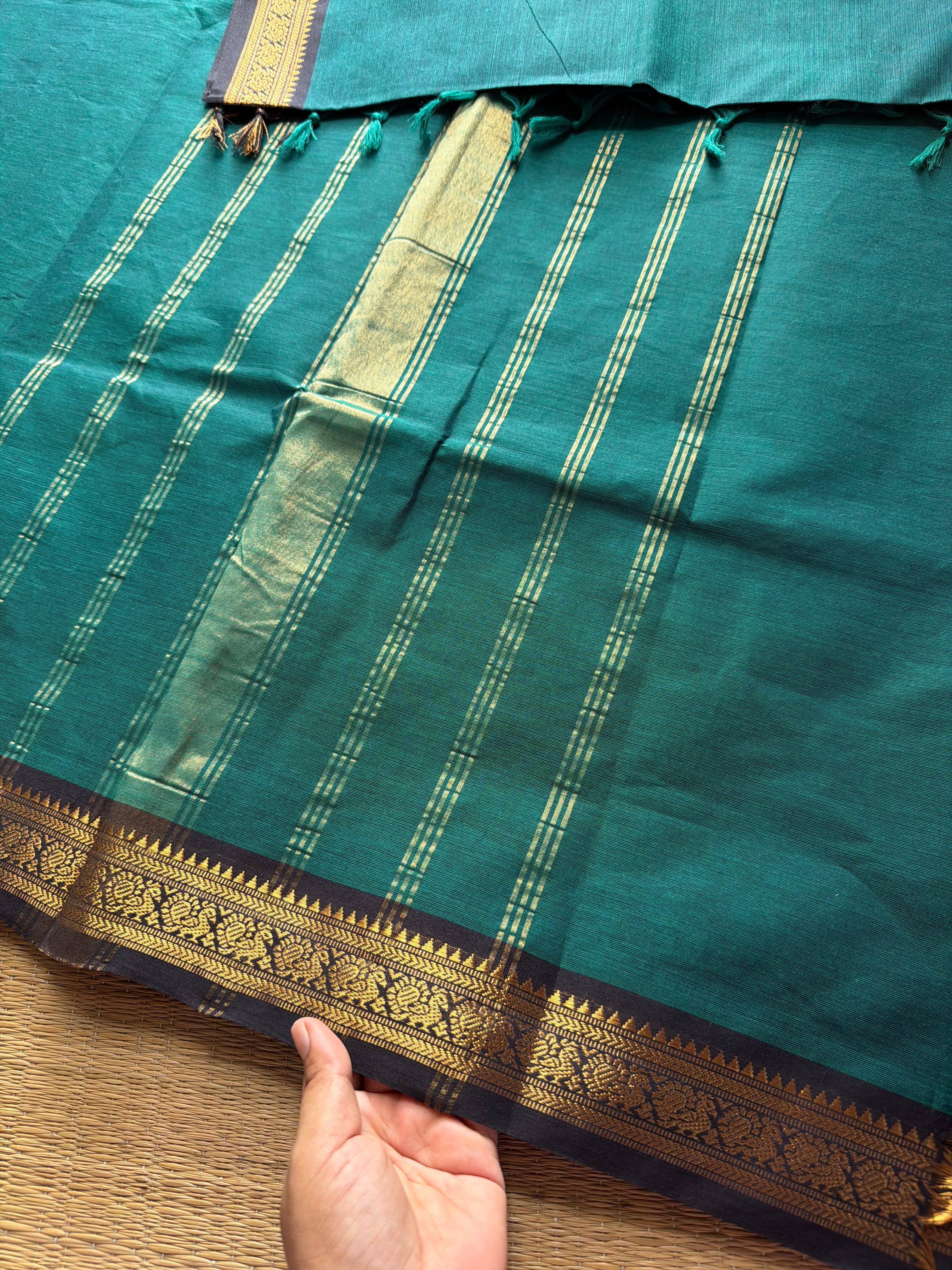 RF390 Dark teal blue with black combination small border Kanchi cotton saree