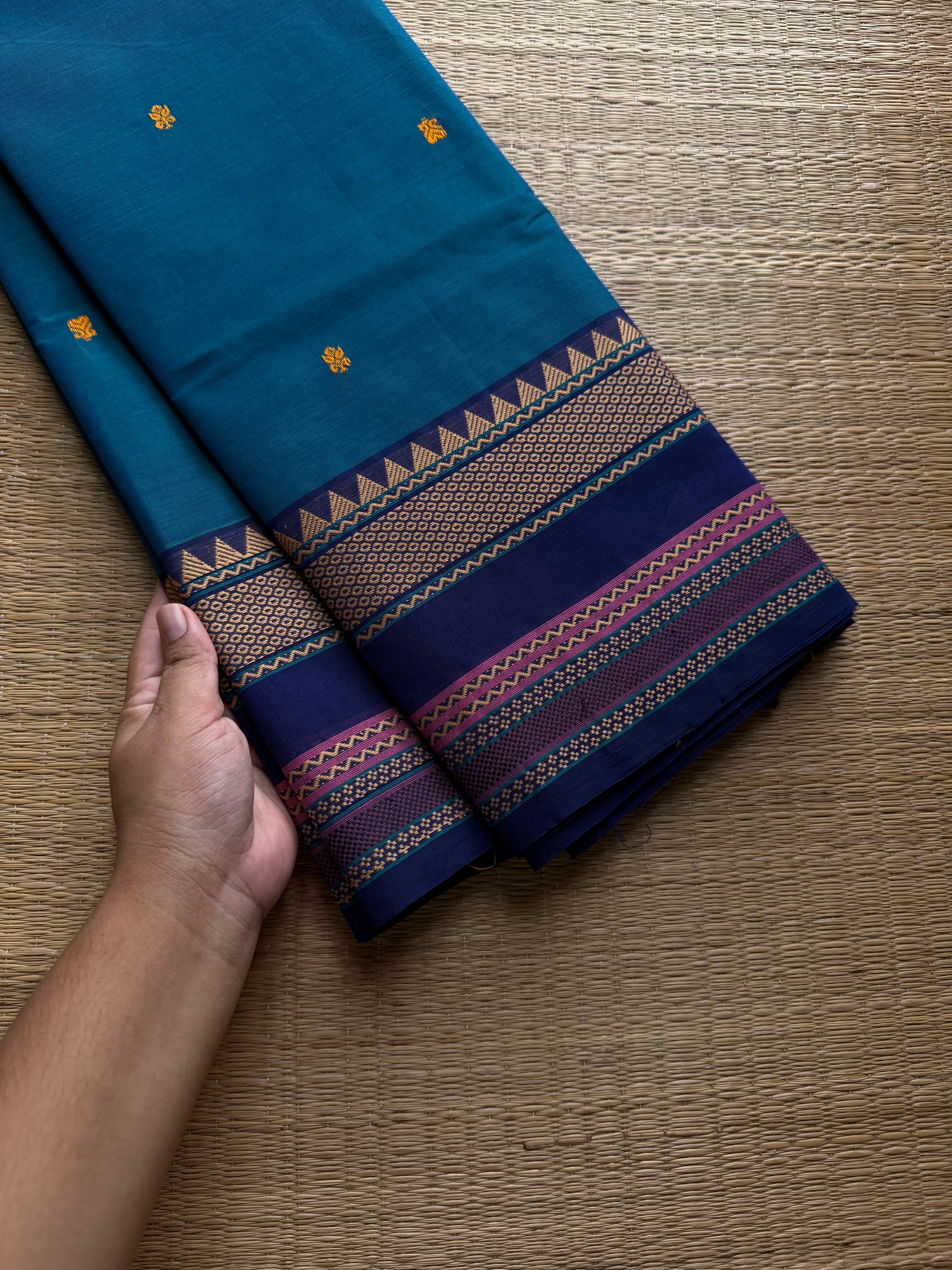 RF804 Peacock blue shade thread border Kanchi cotton saree with handmade thread buttas
