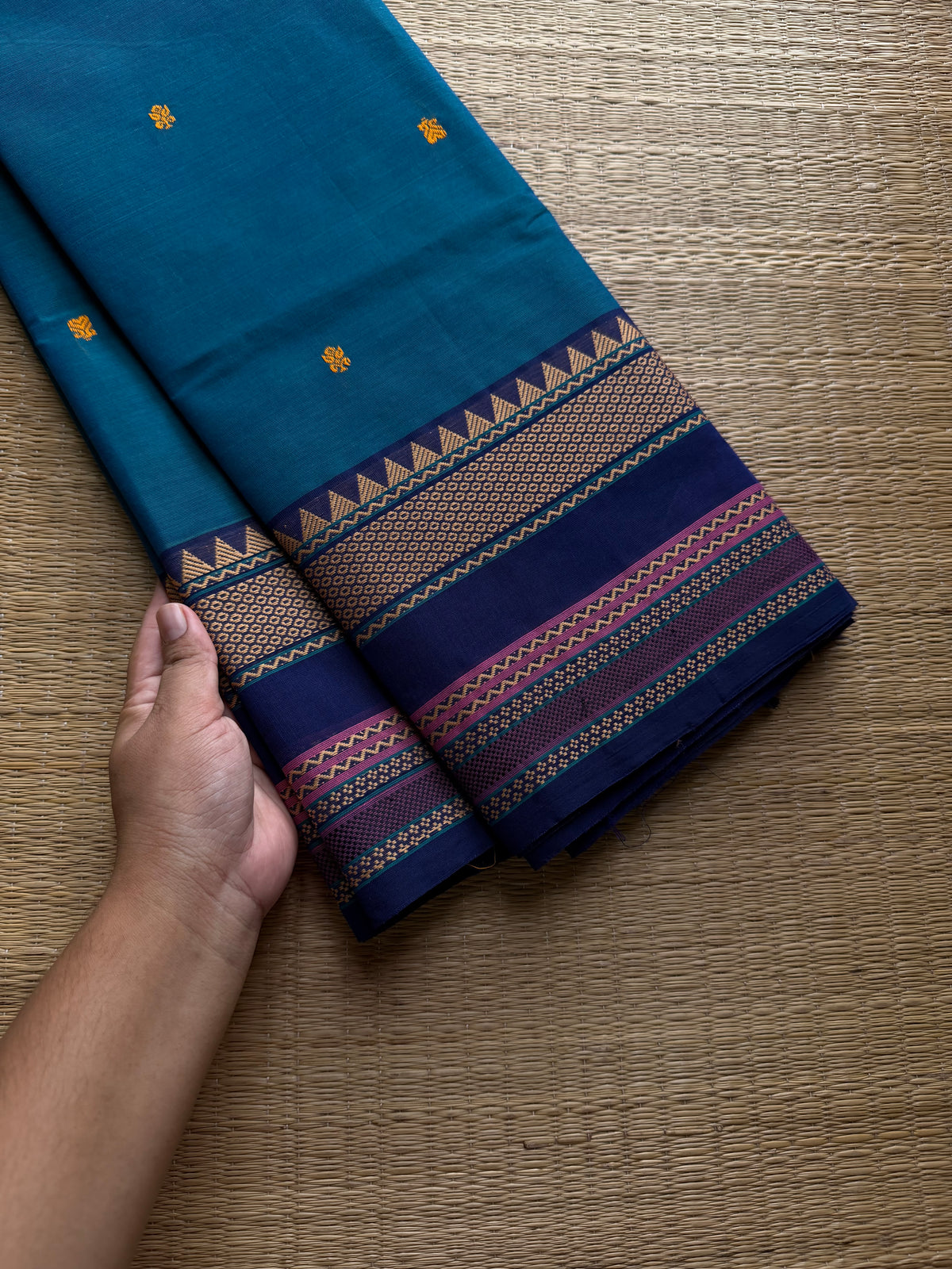 RF804 Peacock blue shade thread border Kanchi cotton saree with handmade thread buttas