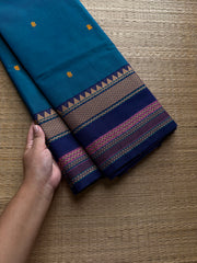 RF804 Peacock blue shade thread border Kanchi cotton saree with handmade thread buttas