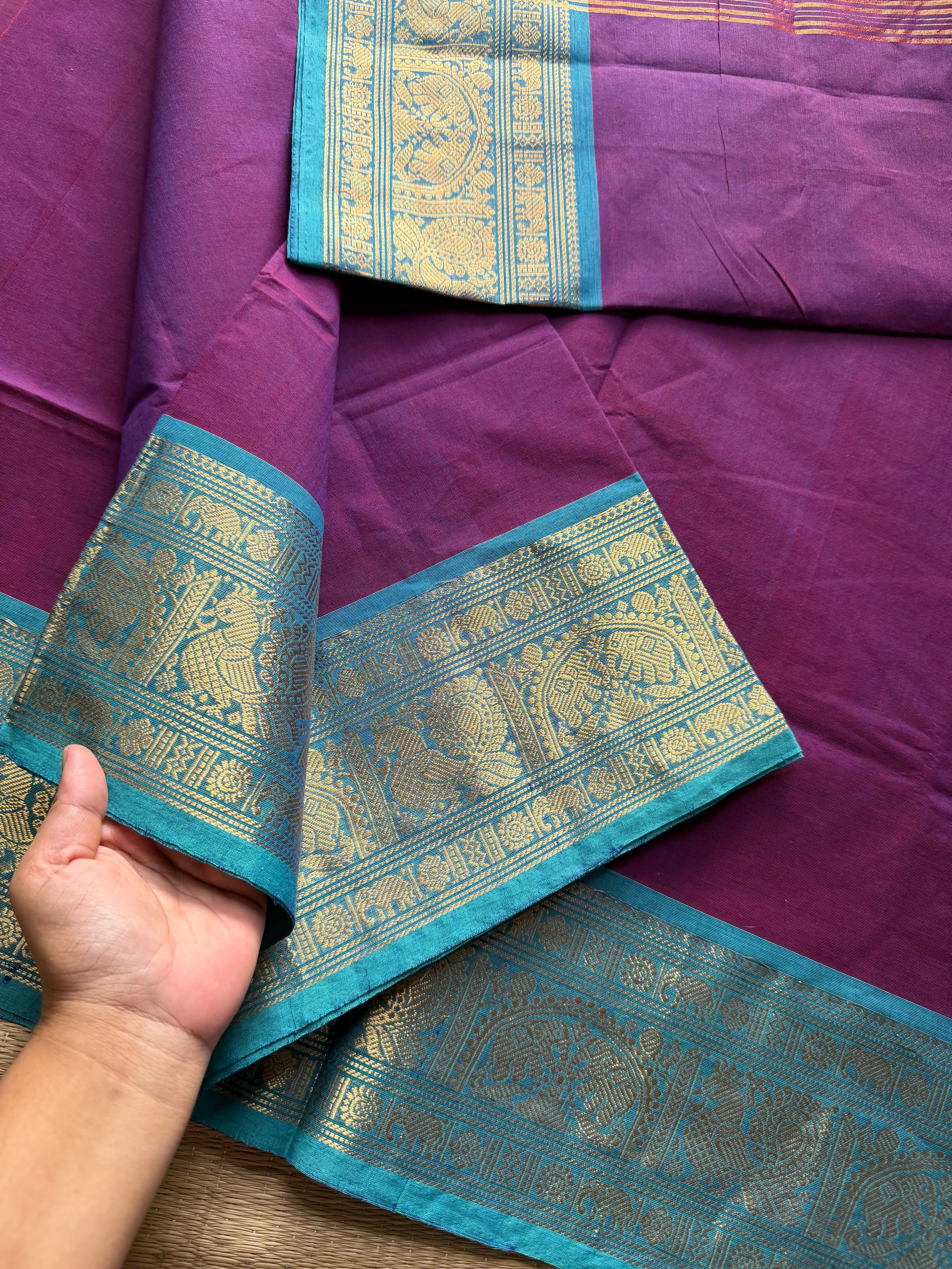 RF324 Silk saree inspired Kanchi cotton saree with Magenta Pink & sky blue combination Annam & elephant pattern Zari border