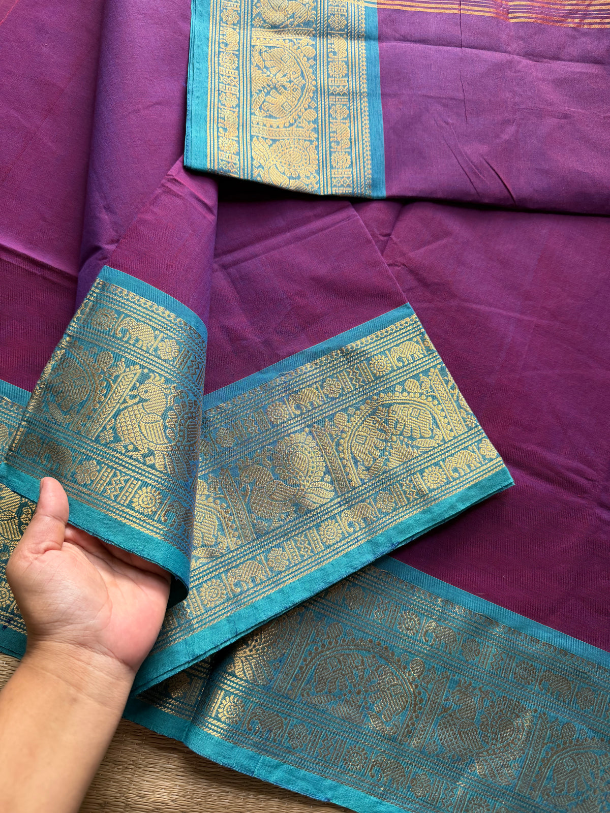 RF324 Silk saree inspired Kanchi cotton saree with Magenta Pink & sky blue combination Annam & elephant pattern Zari border