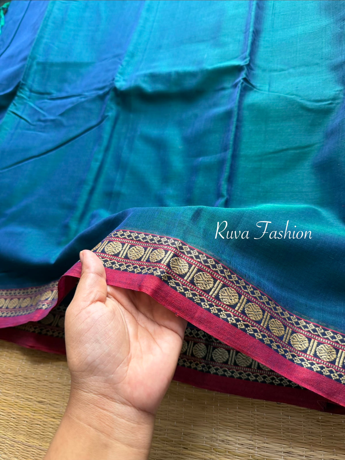 RF101 Peacock Blue Shade Mercerised Narayanpet Cotton Saree With Small Contrast Border