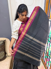 RF596 Podikattam / small checks Kanchi cotton saree ~ Black With pink