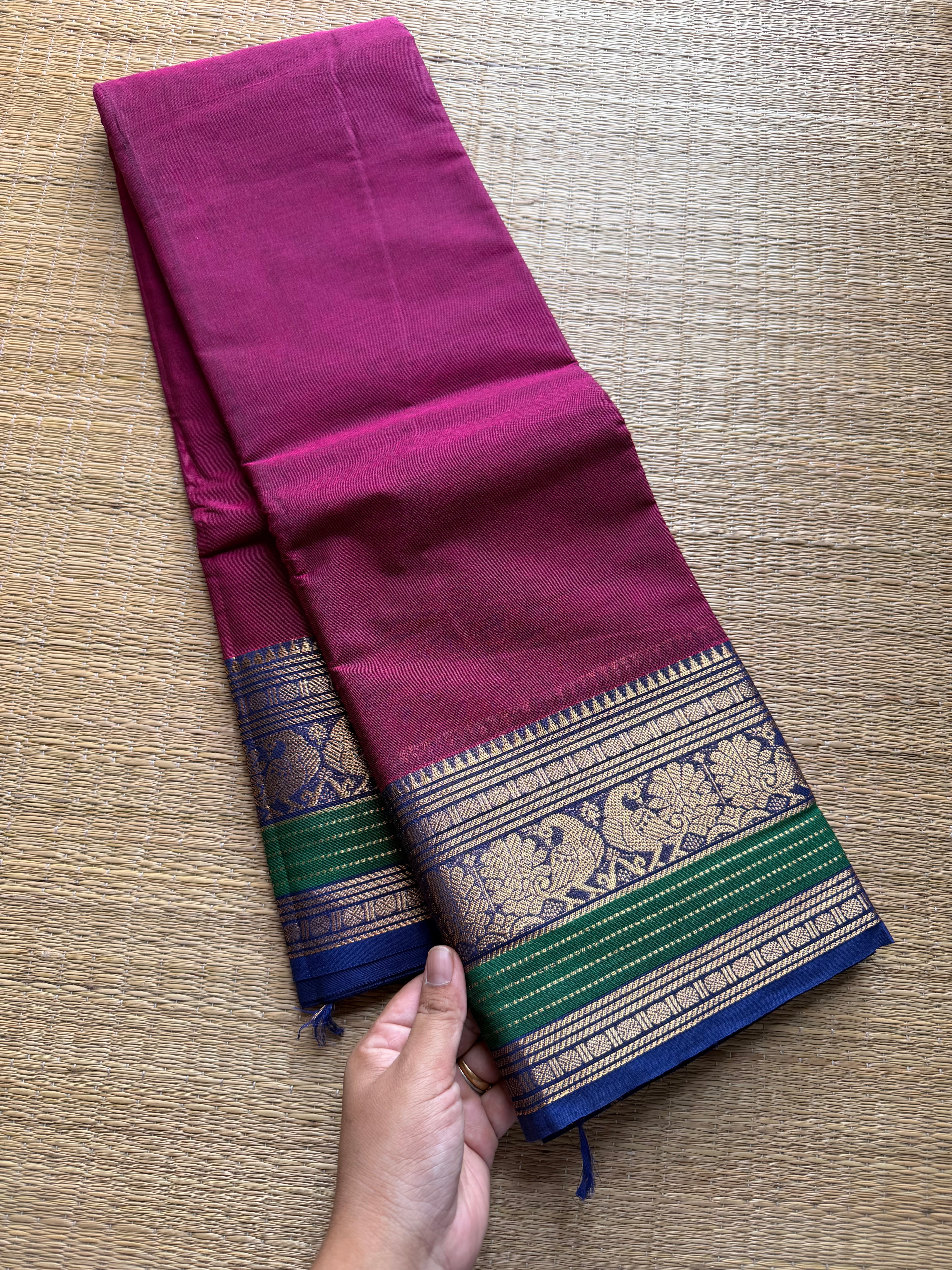 RF254 Magenta pink with royal blue contrast border Kanchi cotton saree with unique peacock pattern varisaipet border