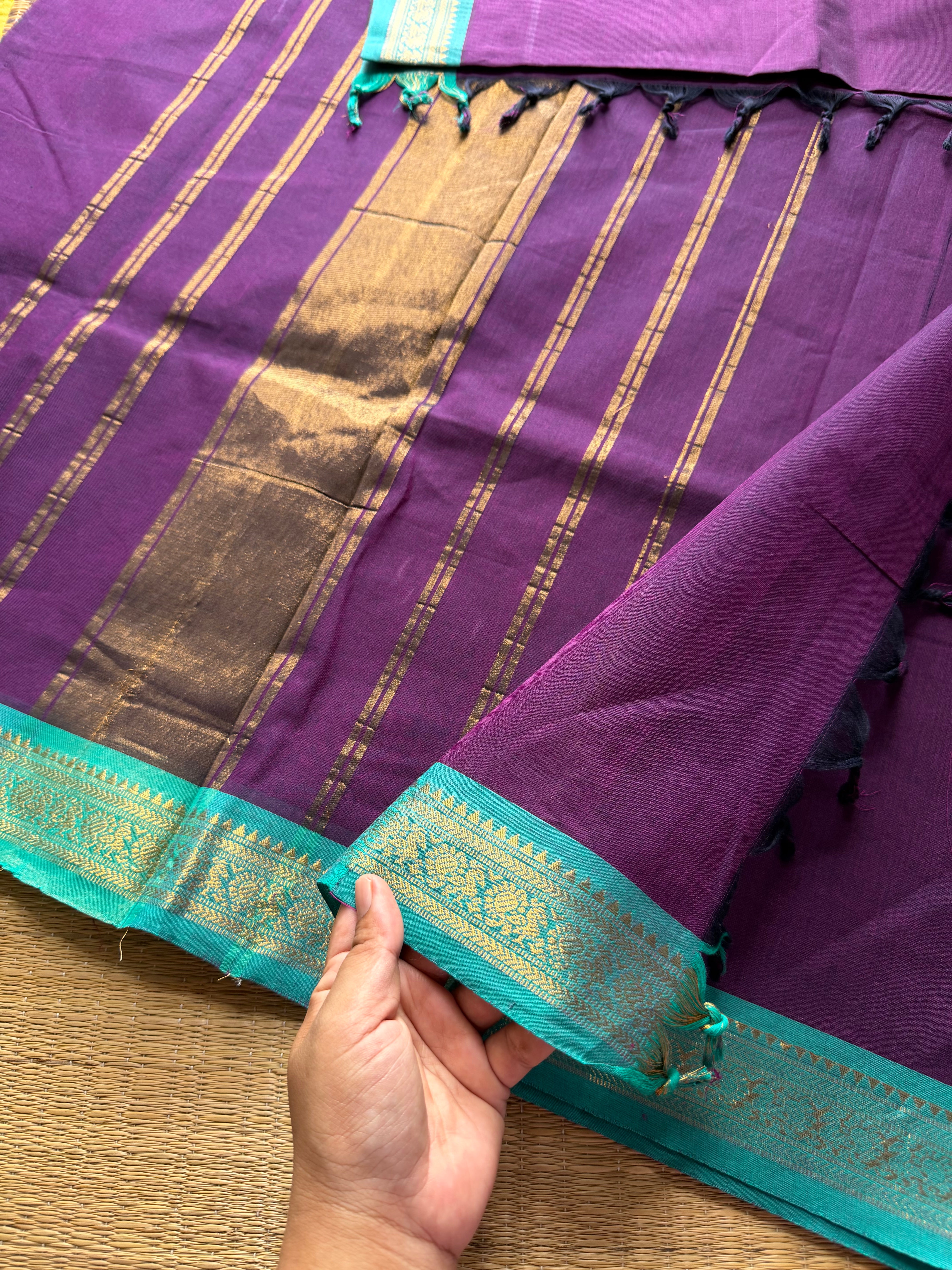 RF392 Purple with sky blue combination small border Kanchi cotton saree
