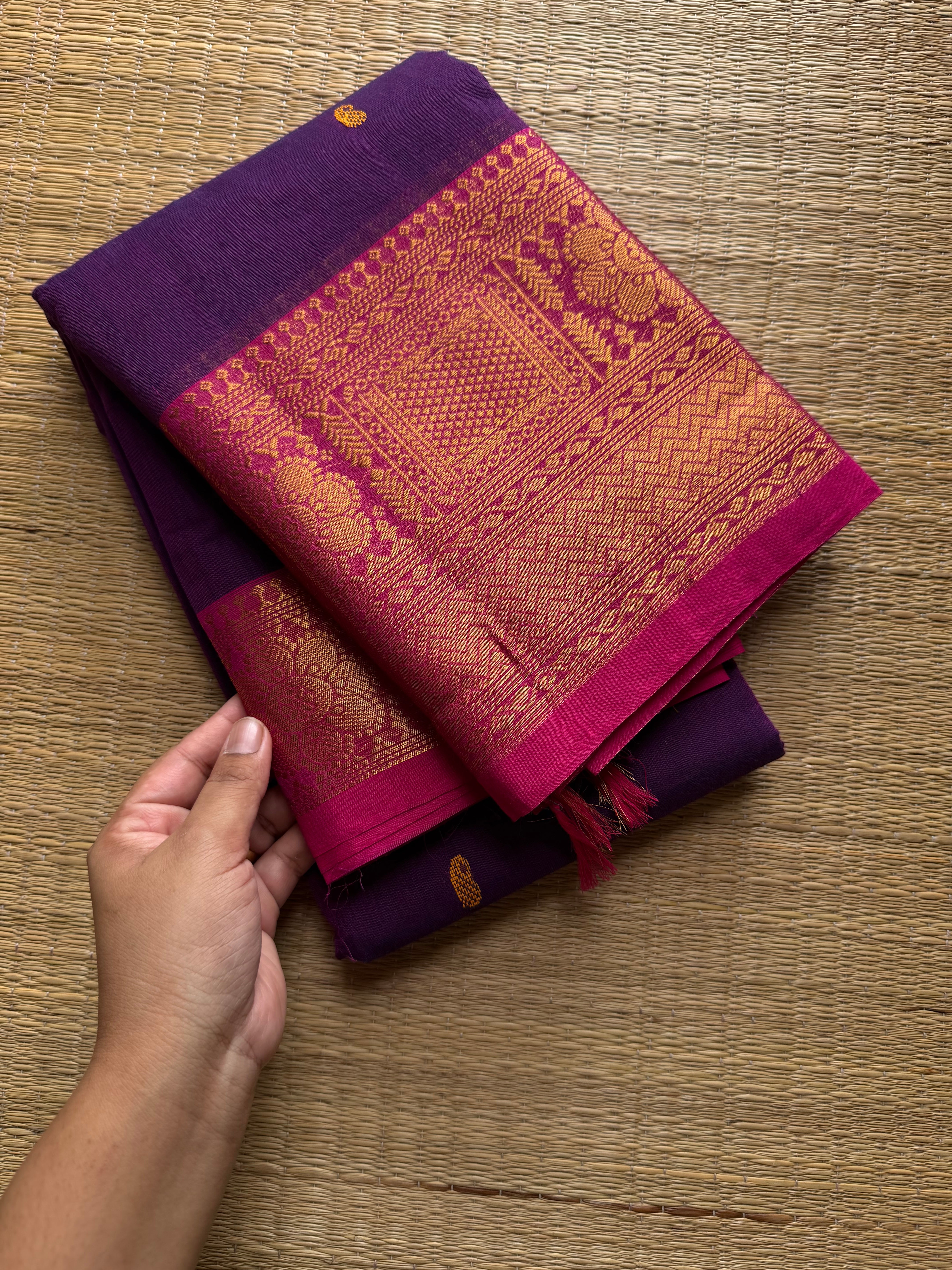 RF549 Purple shade Kanchi cotton saree with handmade thread buttas