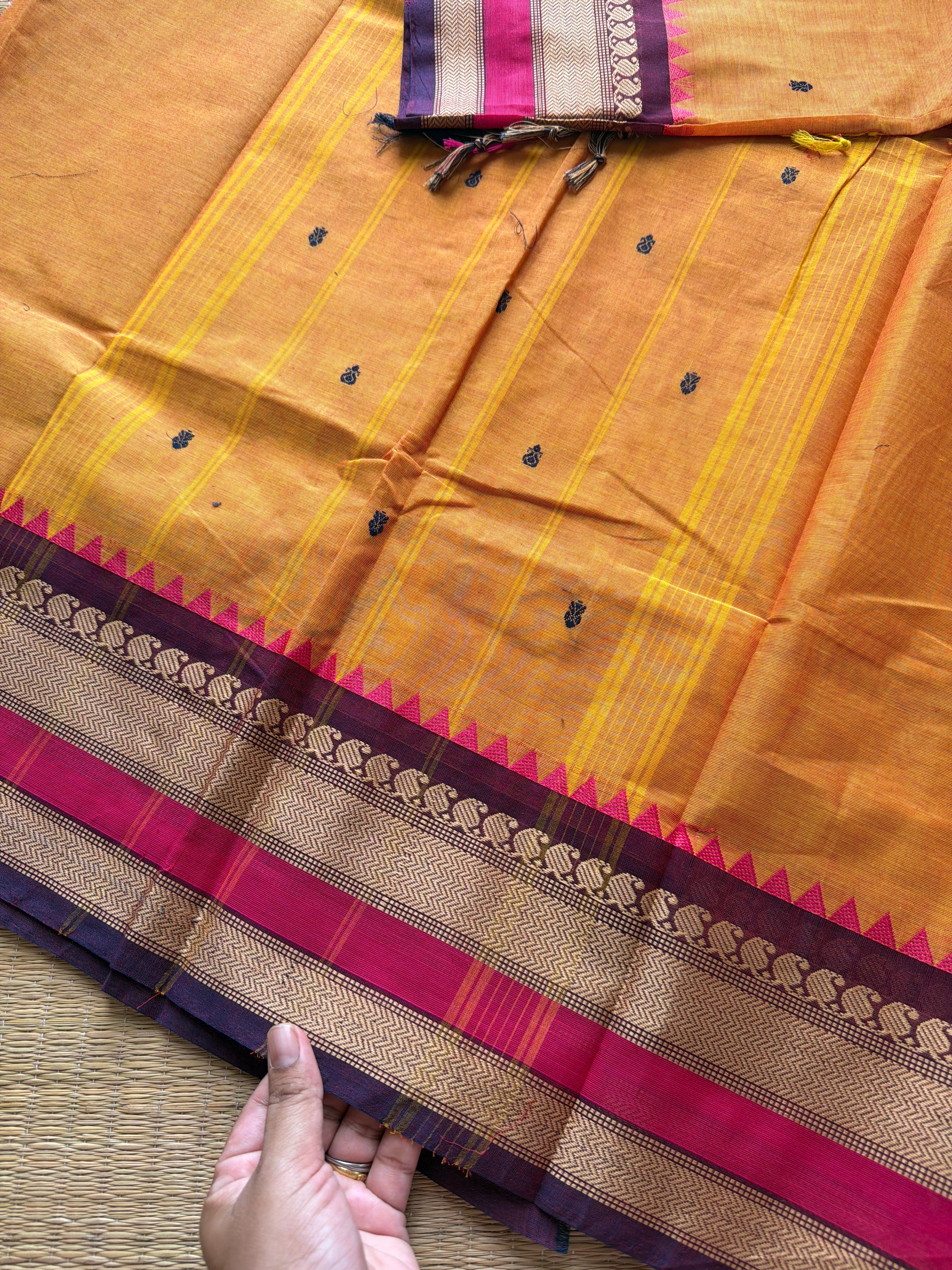 Premium & Soft Thread border Kanchi cotton saree with handmade thread buttas ~ Dark Mango Shade