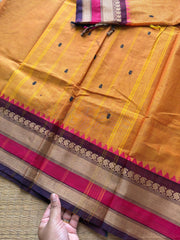 Premium & Soft Thread border Kanchi cotton saree with handmade thread buttas ~ Dark Mango Shade