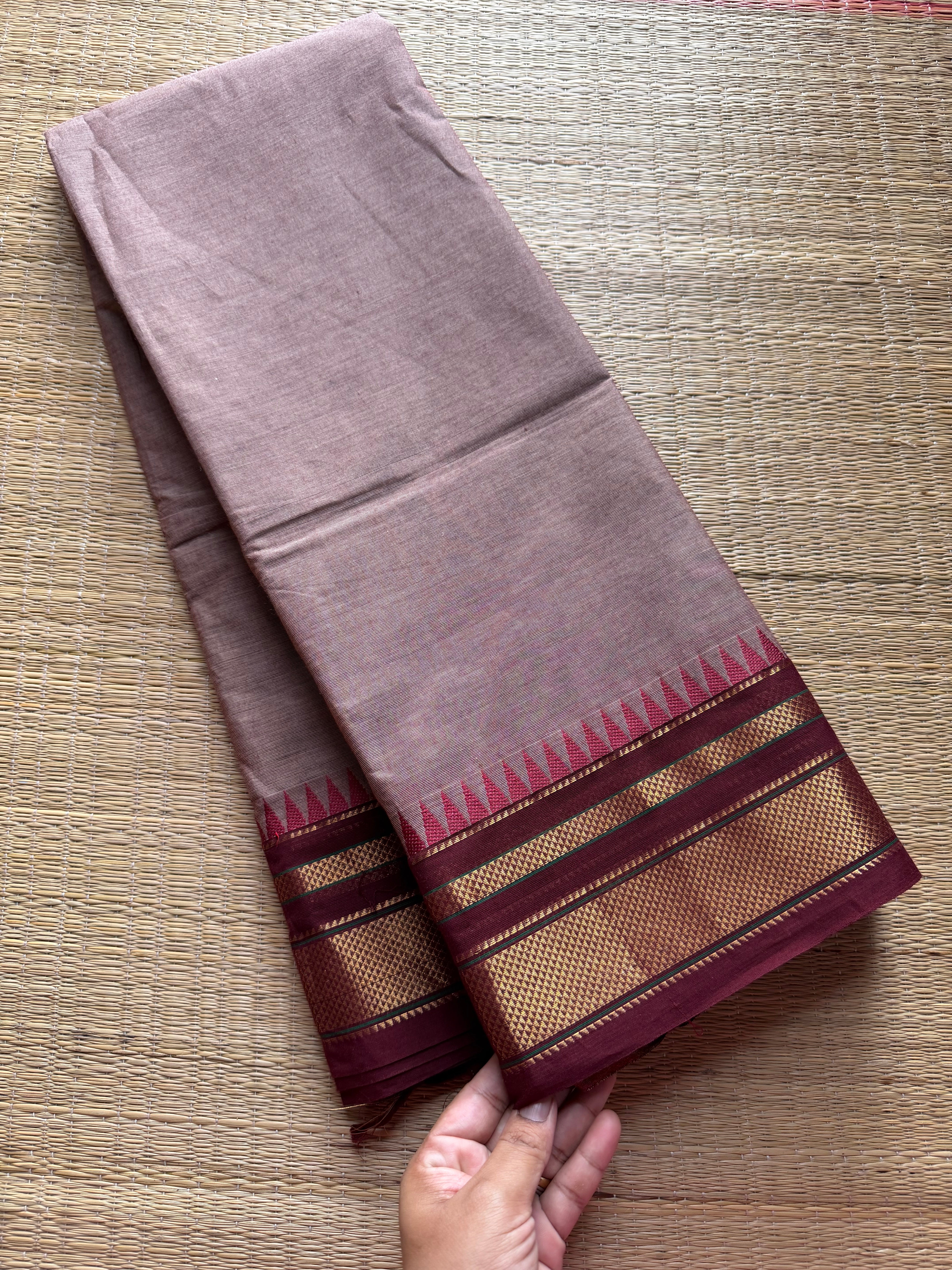 RF187 Biscuit shade with contrast maroon medium size border Kanchi cotton saree