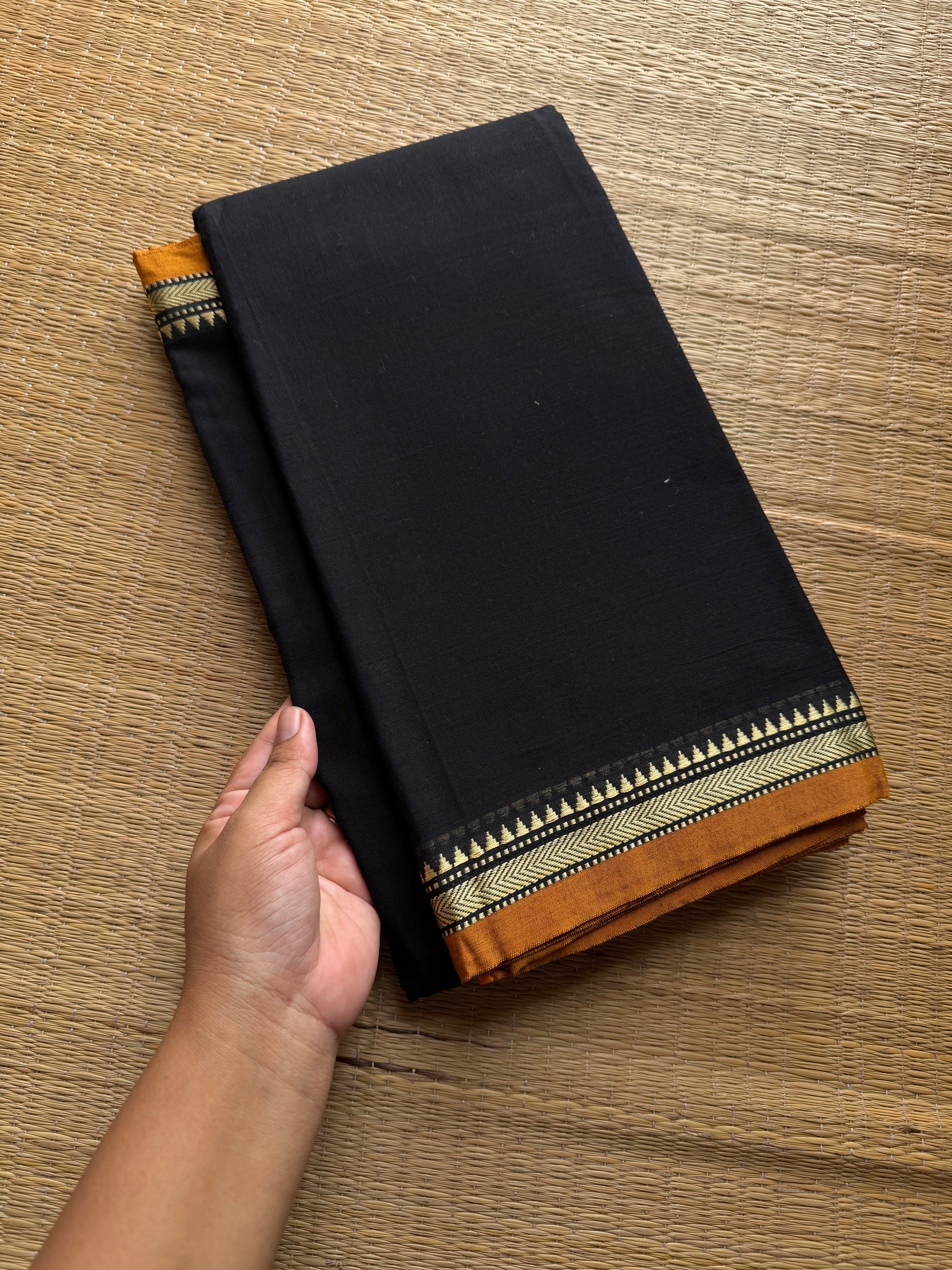 RF934 Black ~ Mercerised Narayanpet soft cotton saree with small thread border