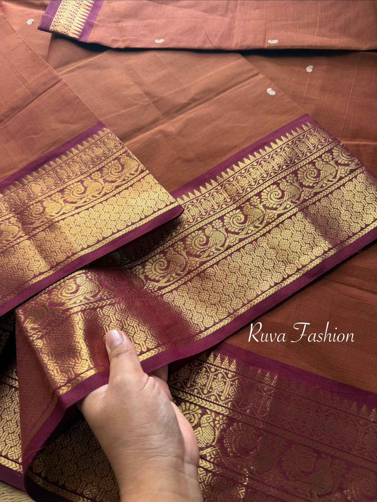 RF81 Dark Honey Shade With Contrast Maroon Annam Pattern Zari Border Kanchi Cotton Saree With Handmade Zari Buttas