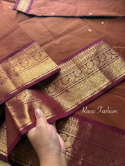 RF81 Dark Honey Shade With Contrast Maroon Annam Pattern Zari Border Kanchi Cotton Saree With Handmade Zari Buttas