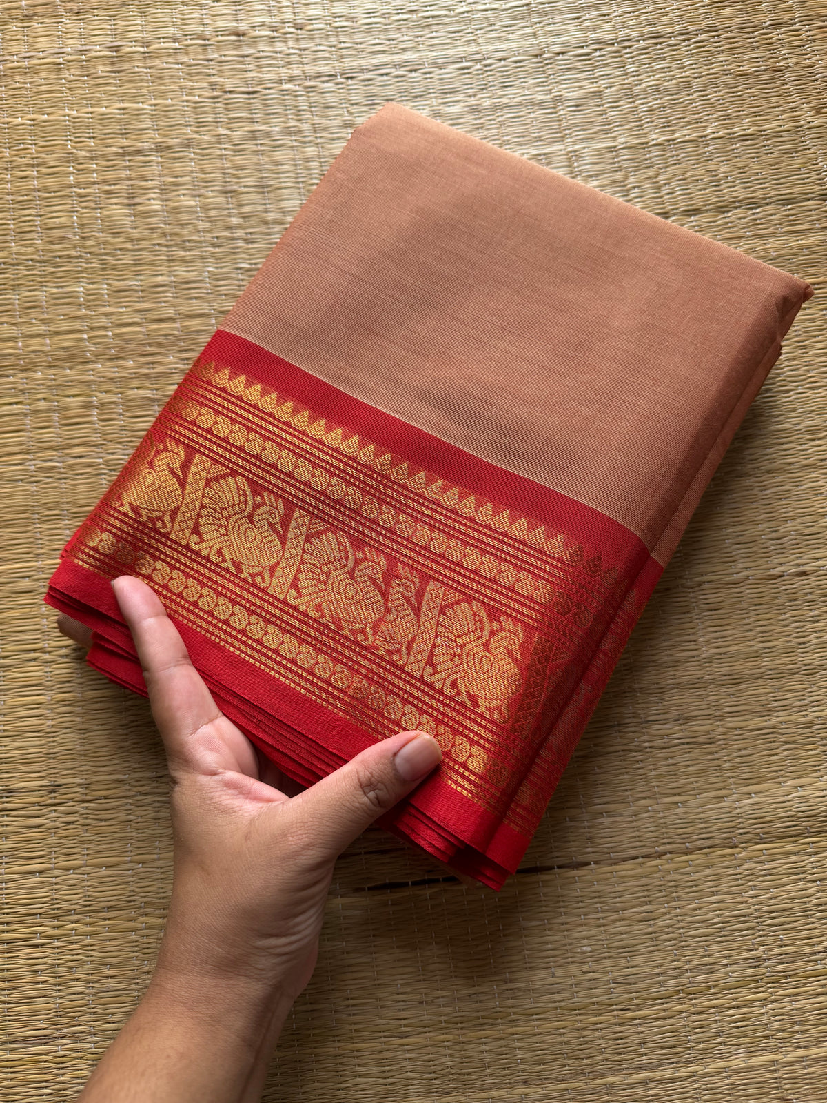 RF361 Silk saree inspired Kanchi cotton saree with unique combination beige with red