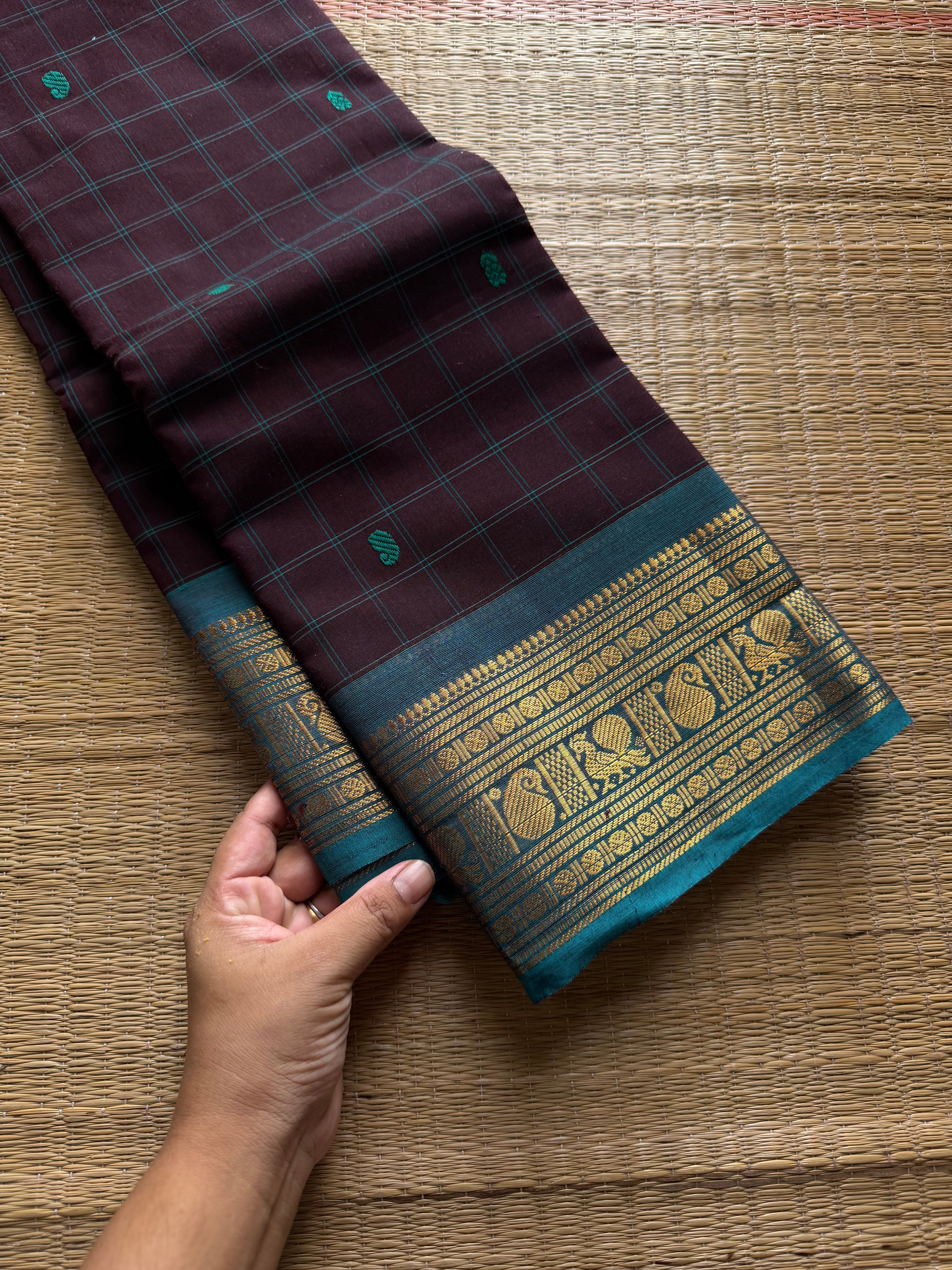 RF648 Brown with teal blue combination Kanchi Kattam / checks pattern saree with handmade thread buttas