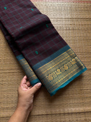 RF648 Brown with teal blue combination Kanchi Kattam / checks pattern saree with handmade thread buttas