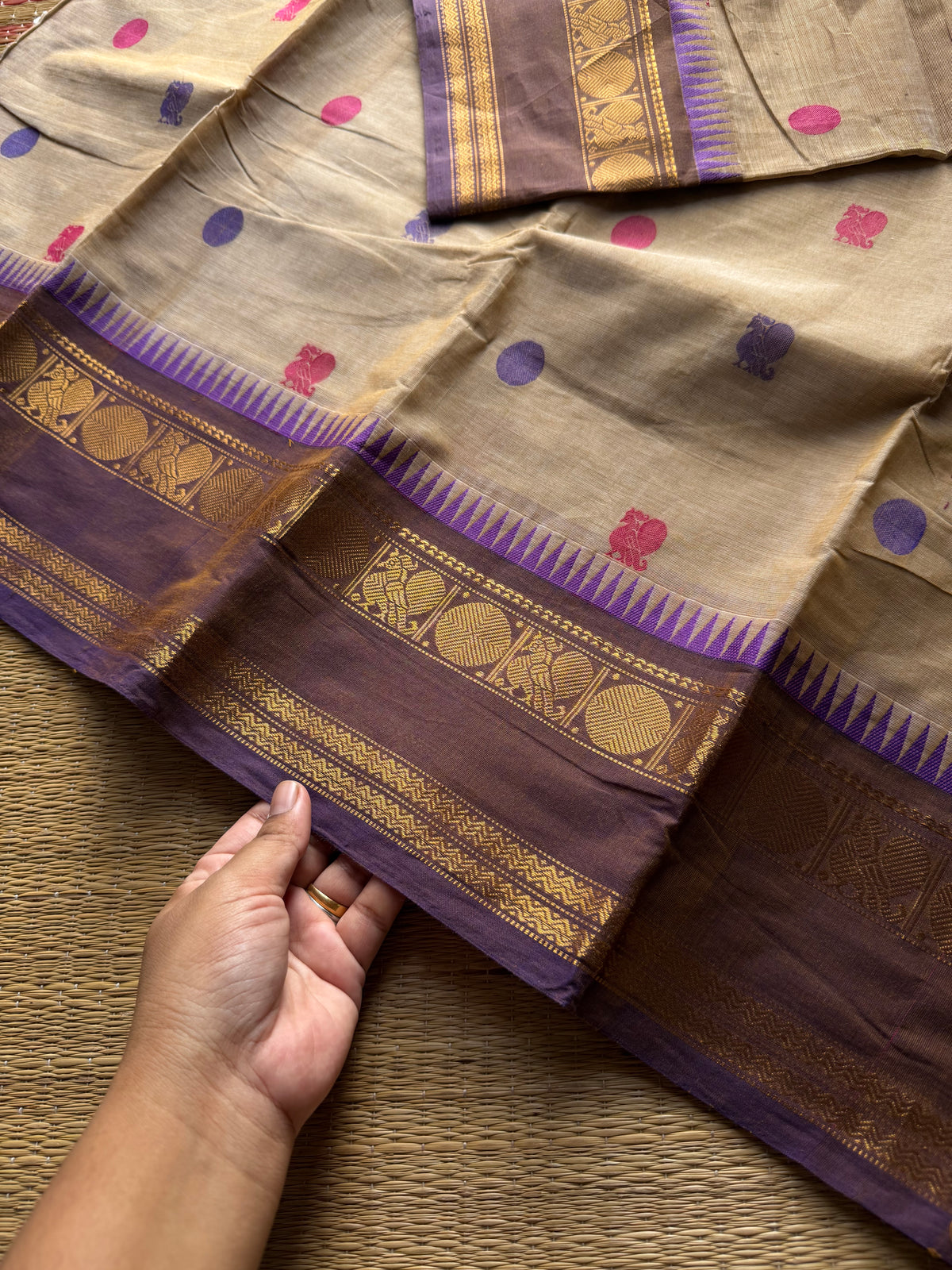 RF1390 Beige shade ~ Premium Rich Pallu Kanchi cotton saree with Annam pattern gap border