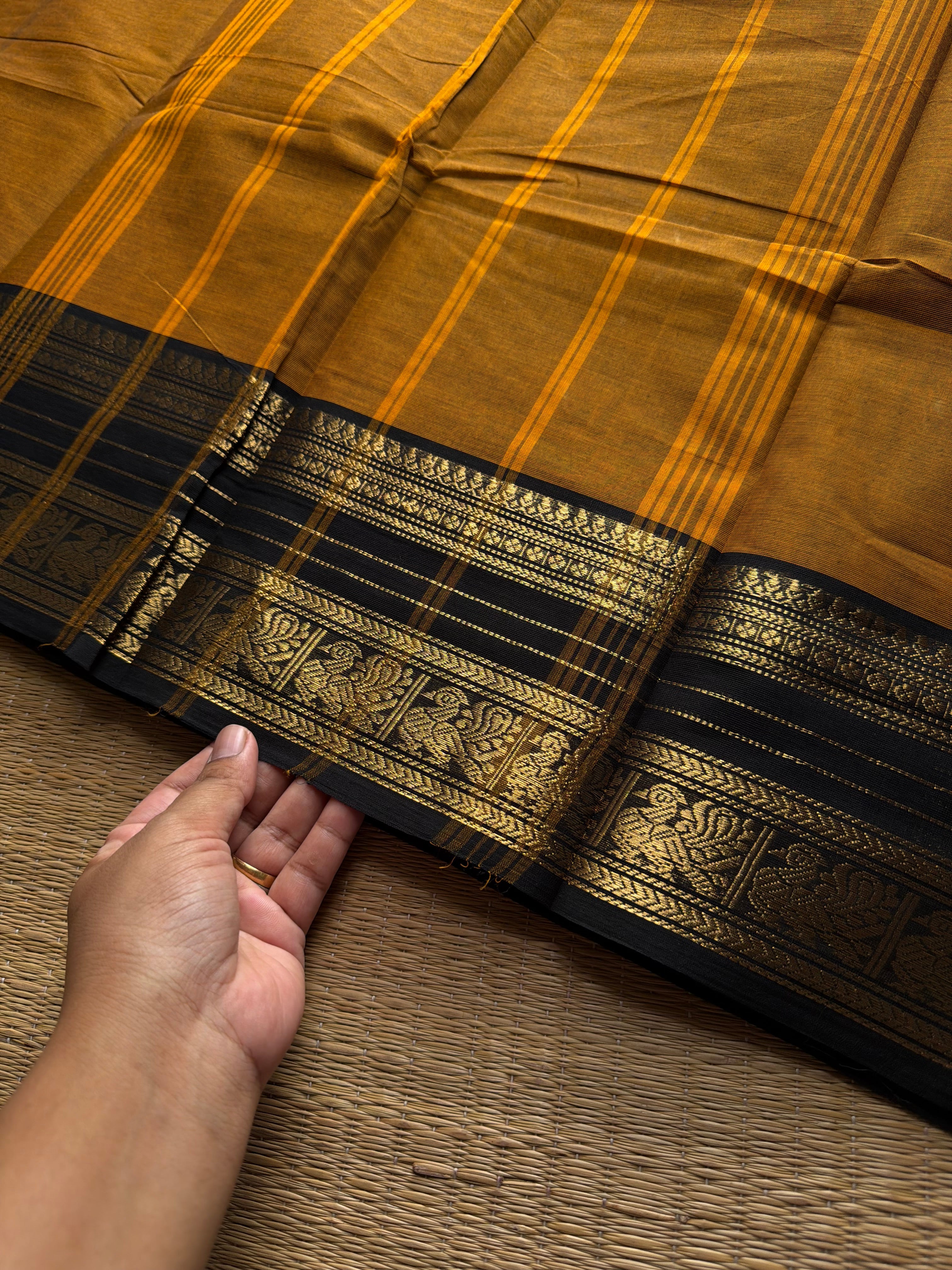 RF955 Mustard with black combination Kanchi cotton saree with medium size border