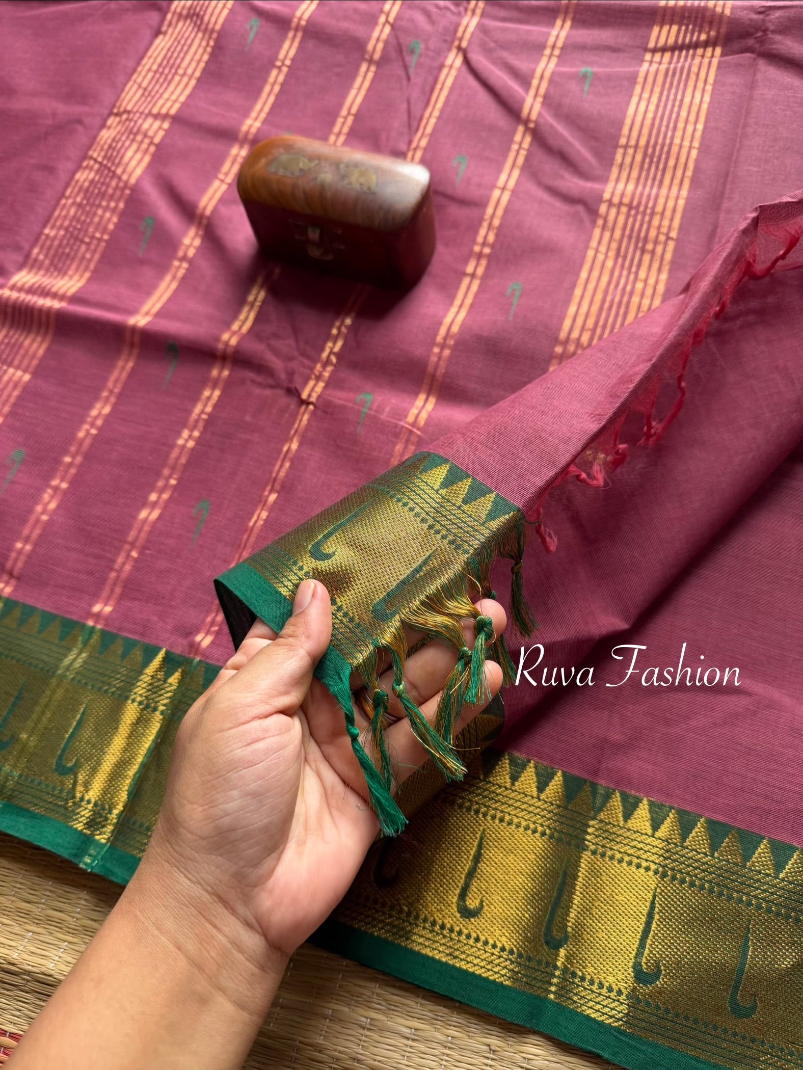 RF47 Dark Mauve Pink with contrast green paithani border Kanchi cotton saree with handmade thread buttas