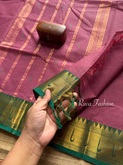 RF47 Dark Mauve Pink with contrast green paithani border Kanchi cotton saree with handmade thread buttas
