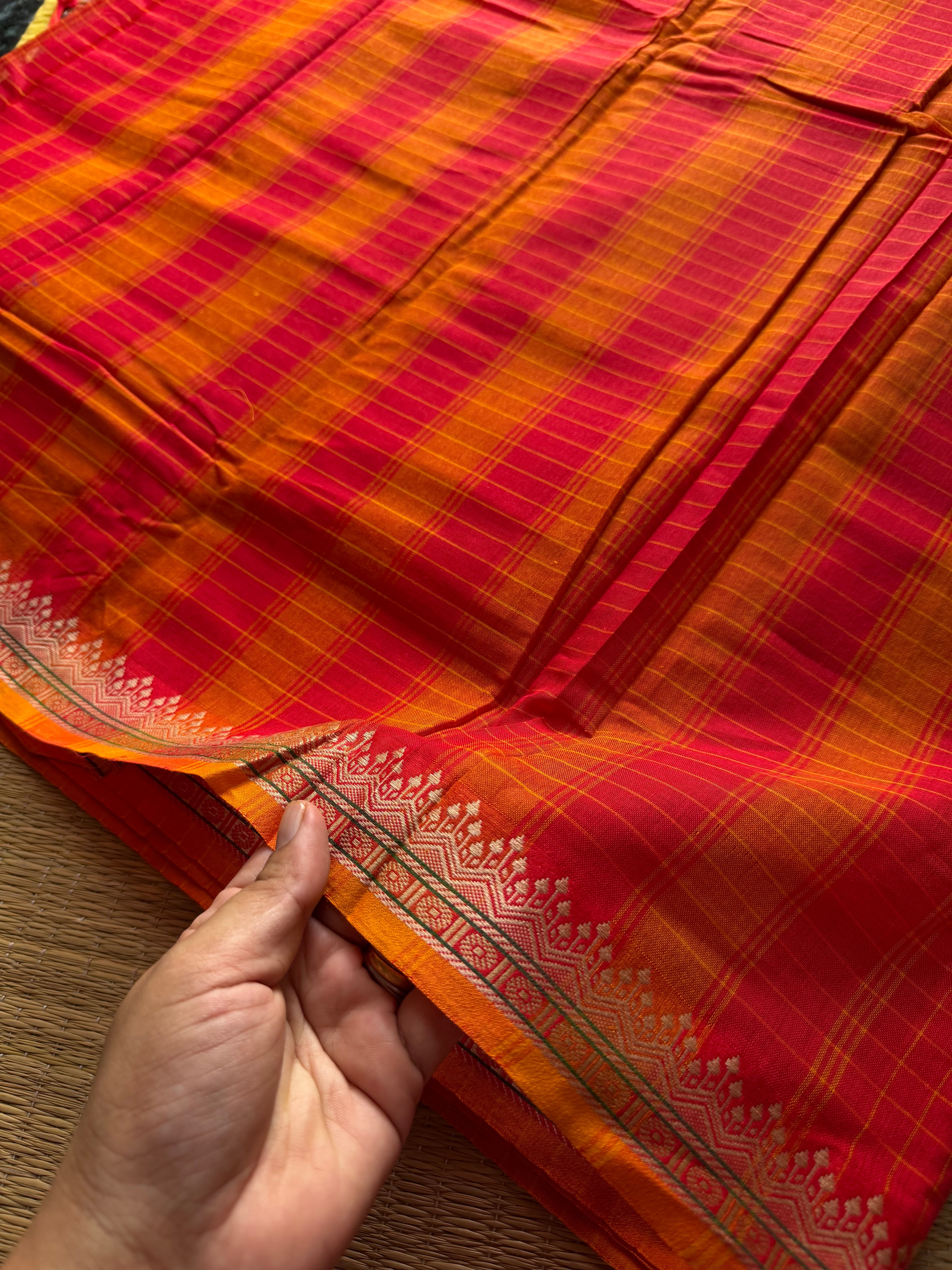RF523 Red shade Mercerised Narayanpet cotton saree with contrast small border and checks / kattam pattern