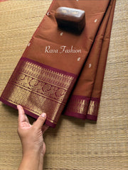 RF81 Dark Honey Shade With Contrast Maroon Annam Pattern Zari Border Kanchi Cotton Saree With Handmade Zari Buttas