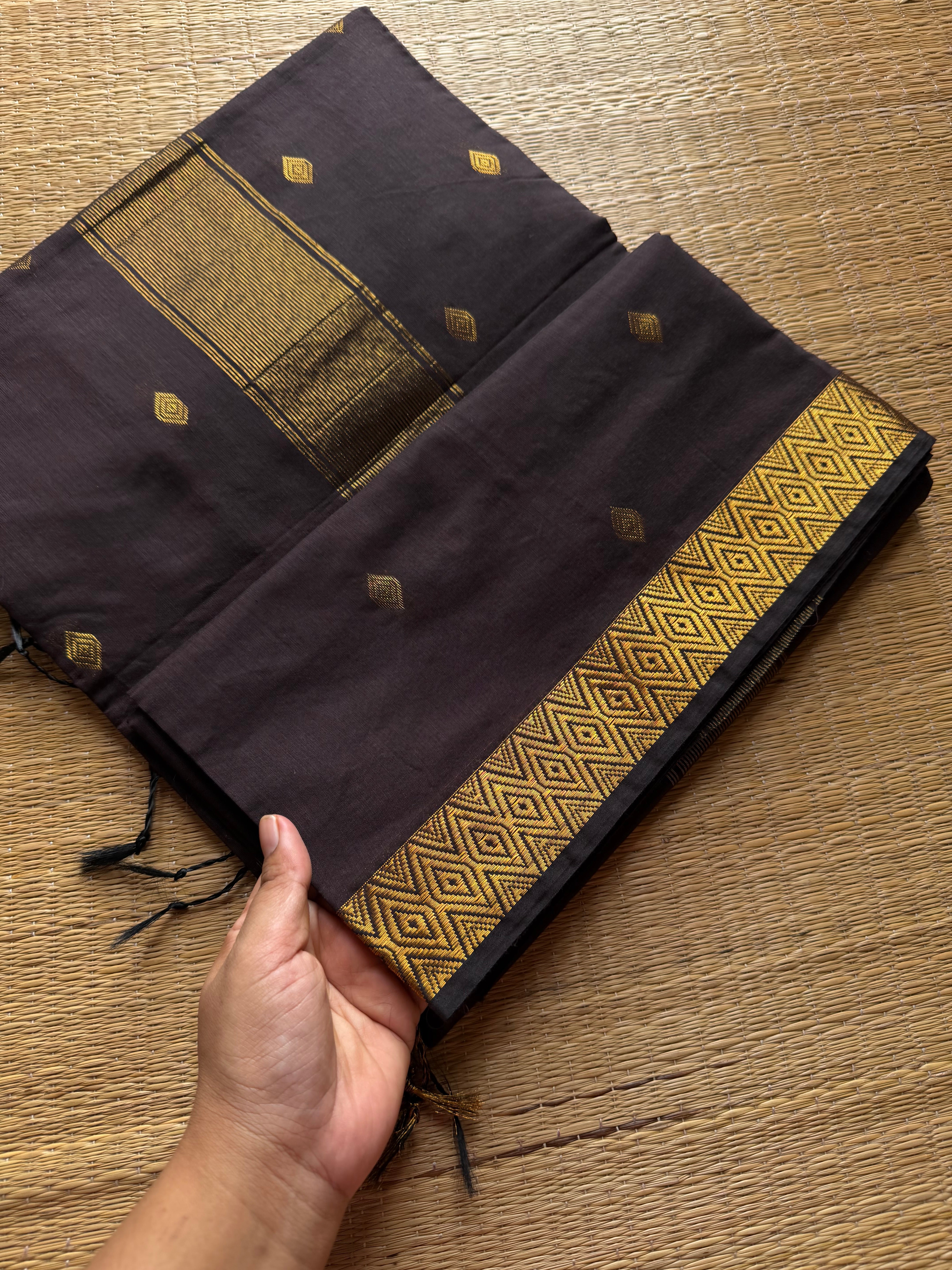 RF564 Monotone Dark coffee brown shade Maheswari semi silk cotton saree