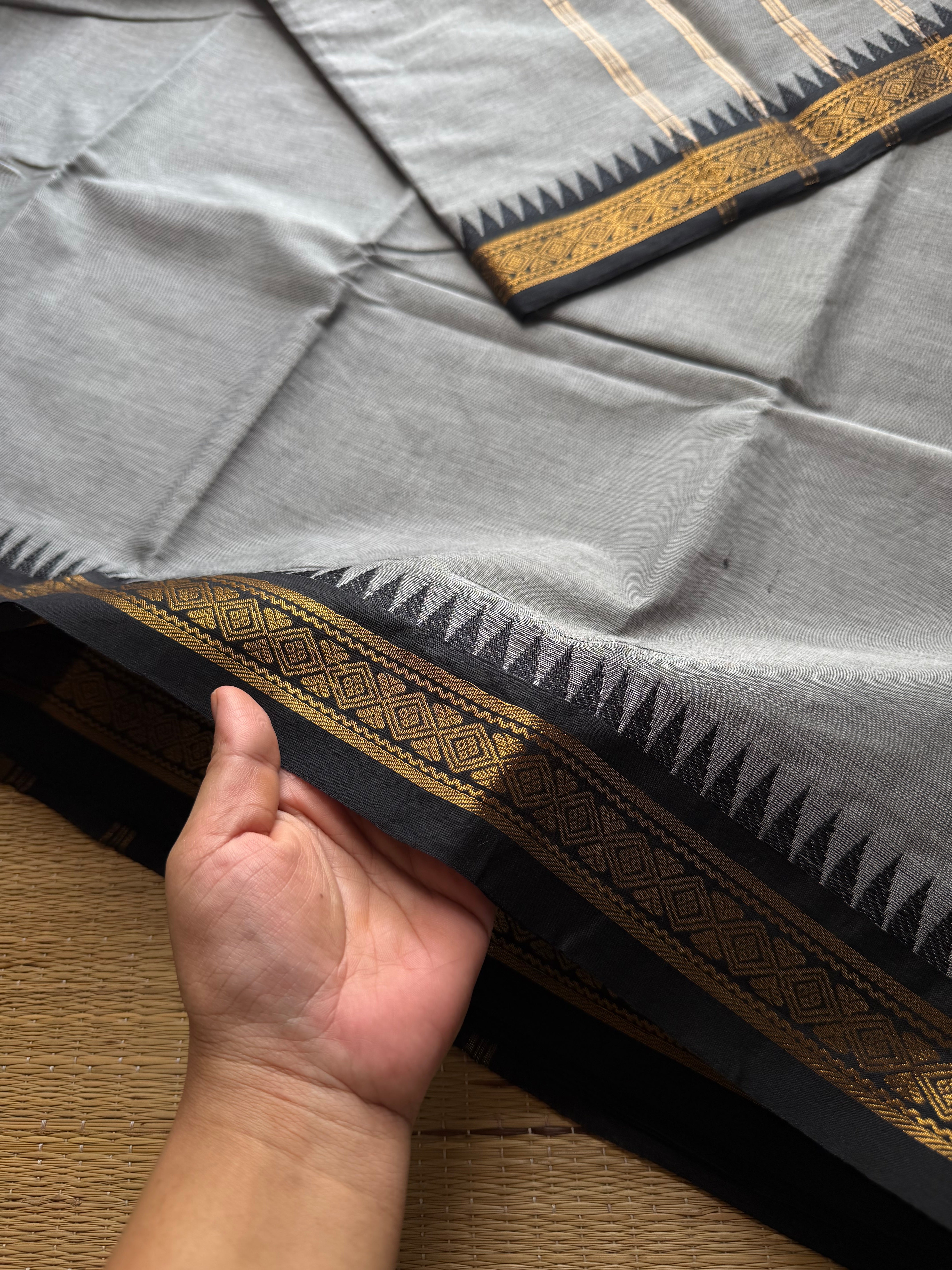 Grey with black combination small border Kanchi cotton saree