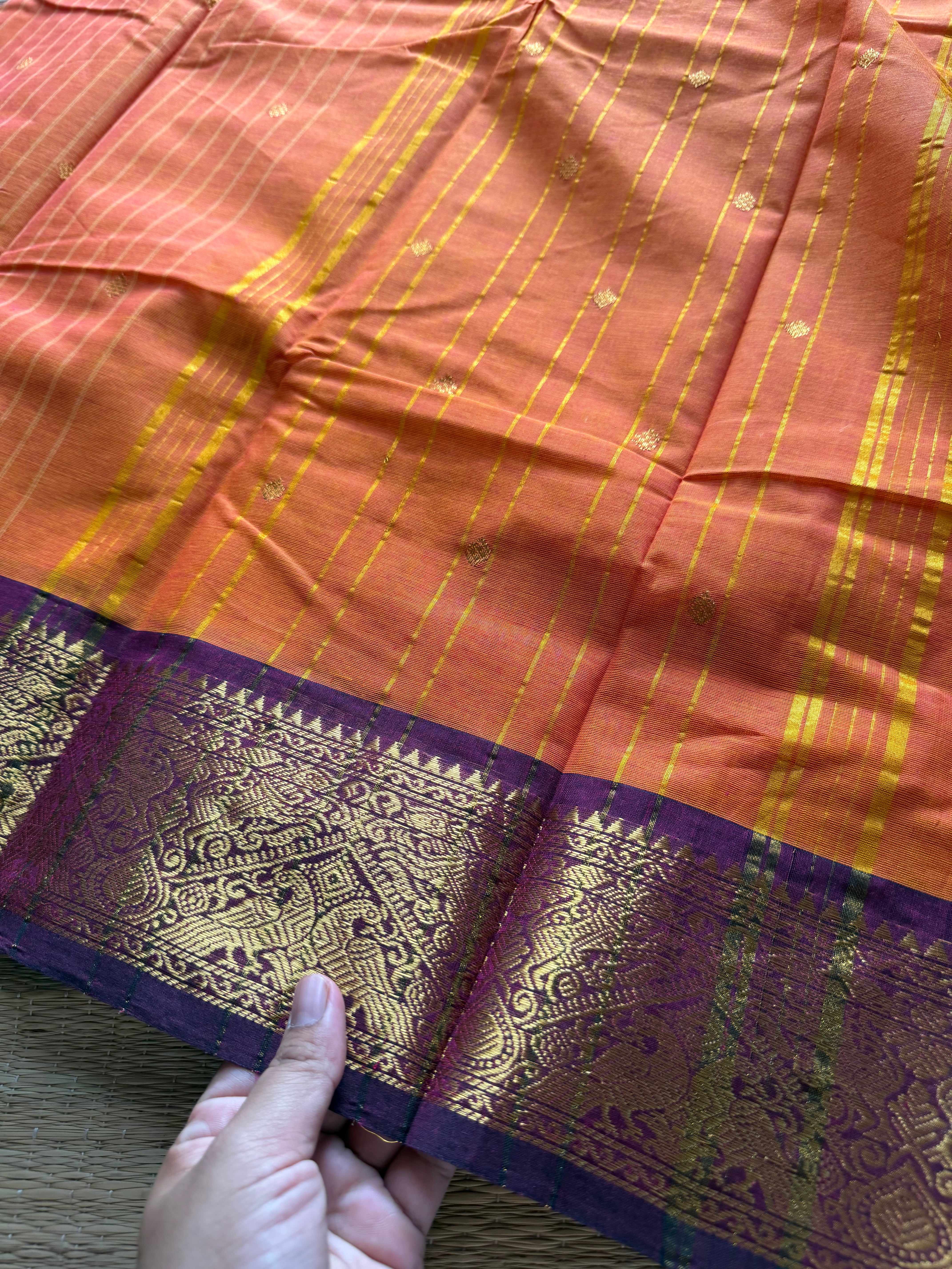 RF293 Dark orange shade with contrast purple combination Kanchi cotton saree with Vanasingaram pattern border &  handmade golden Zari Buttas