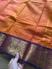 RF293 Dark orange shade with contrast purple combination Kanchi cotton saree with Vanasingaram pattern border &  handmade golden Zari Buttas