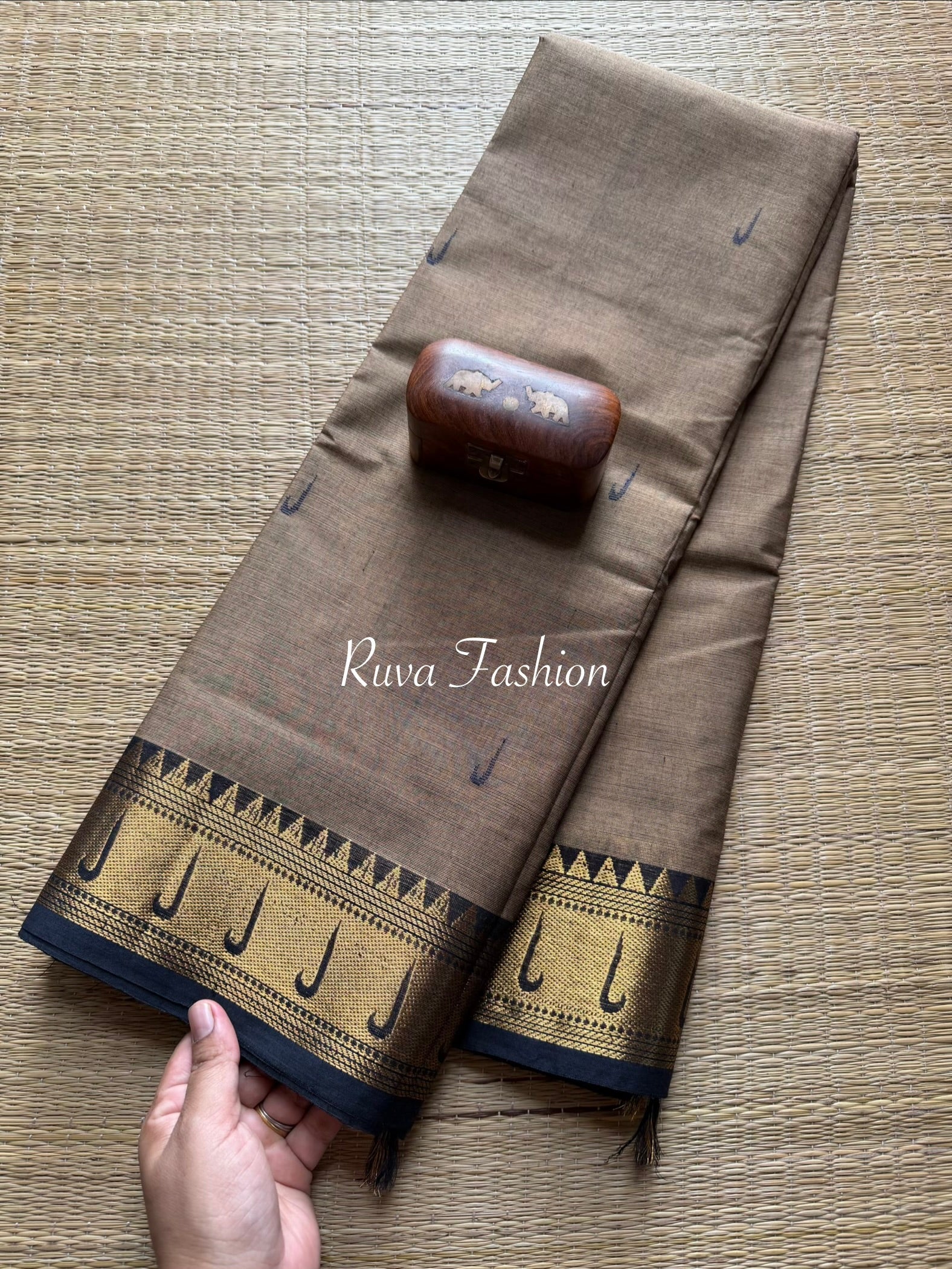 RF45 Biscuit & Grey dual tone shade with black combination paithani border Kanchi cotton saree with handmade thread buttas
