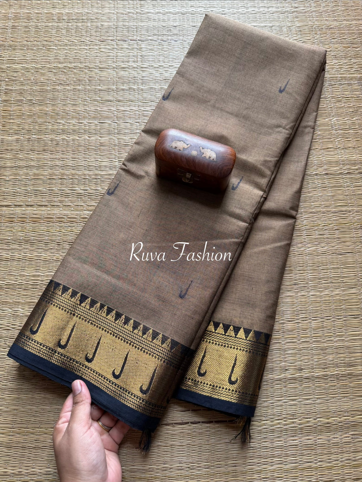 RF45 Biscuit & Grey dual tone shade with black combination paithani border Kanchi cotton saree with handmade thread buttas
