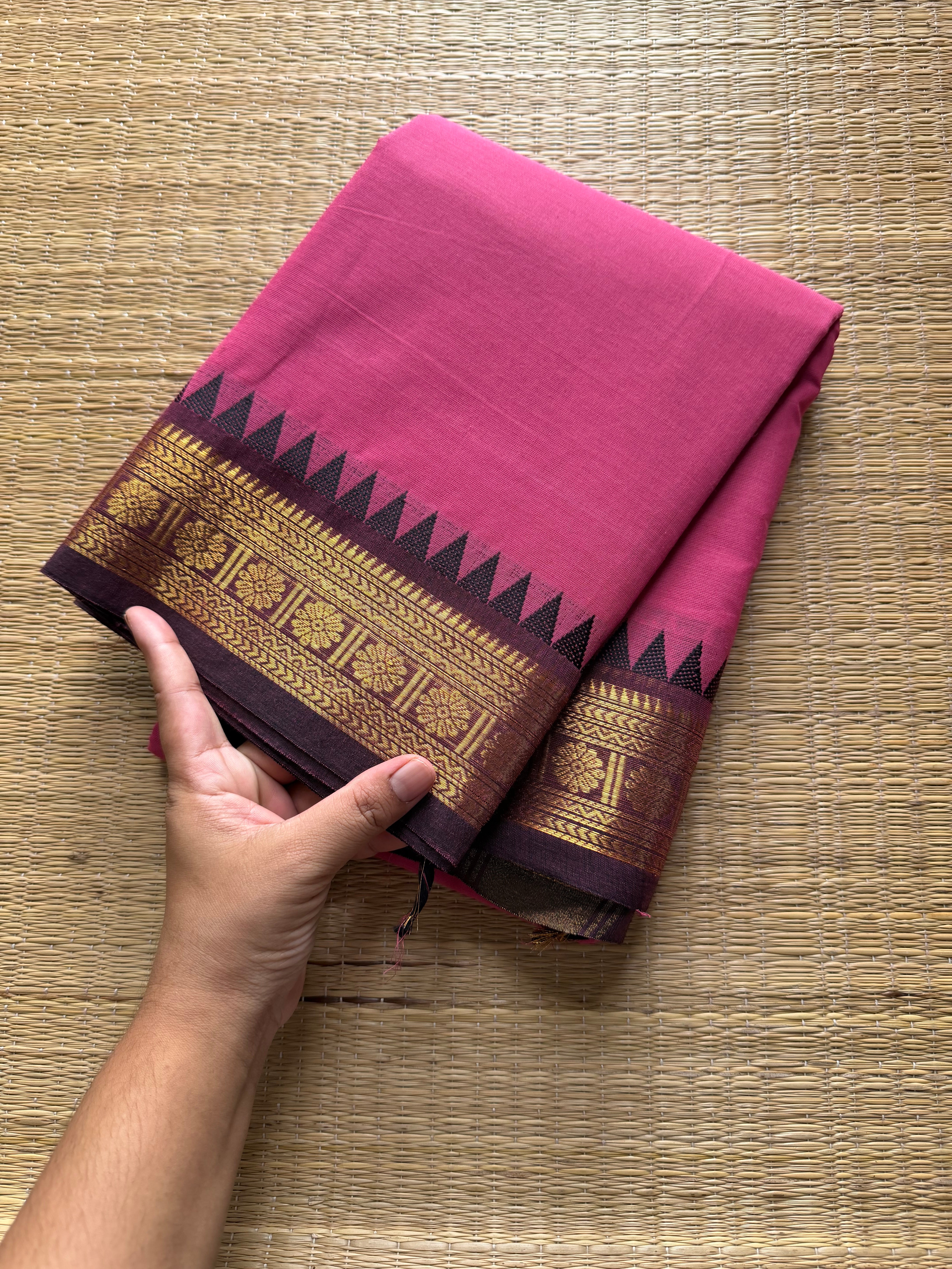 RF282 Onion Pink Shade Kanchi Cotton Saree With contrast border