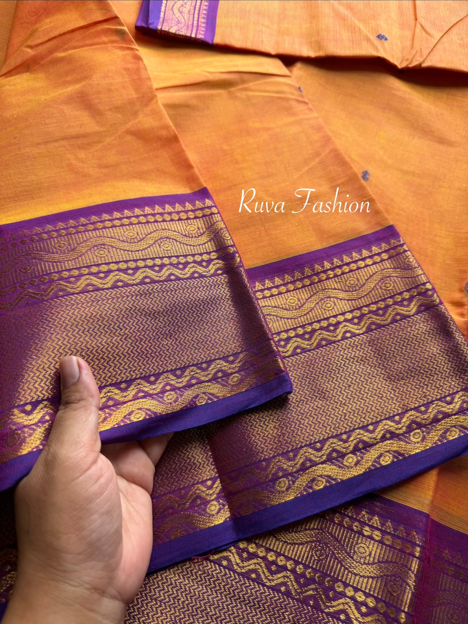 RF88 Dual tone orange shade with contrast  Purple border kanchi cotton saree with Handmade Thread Buttas