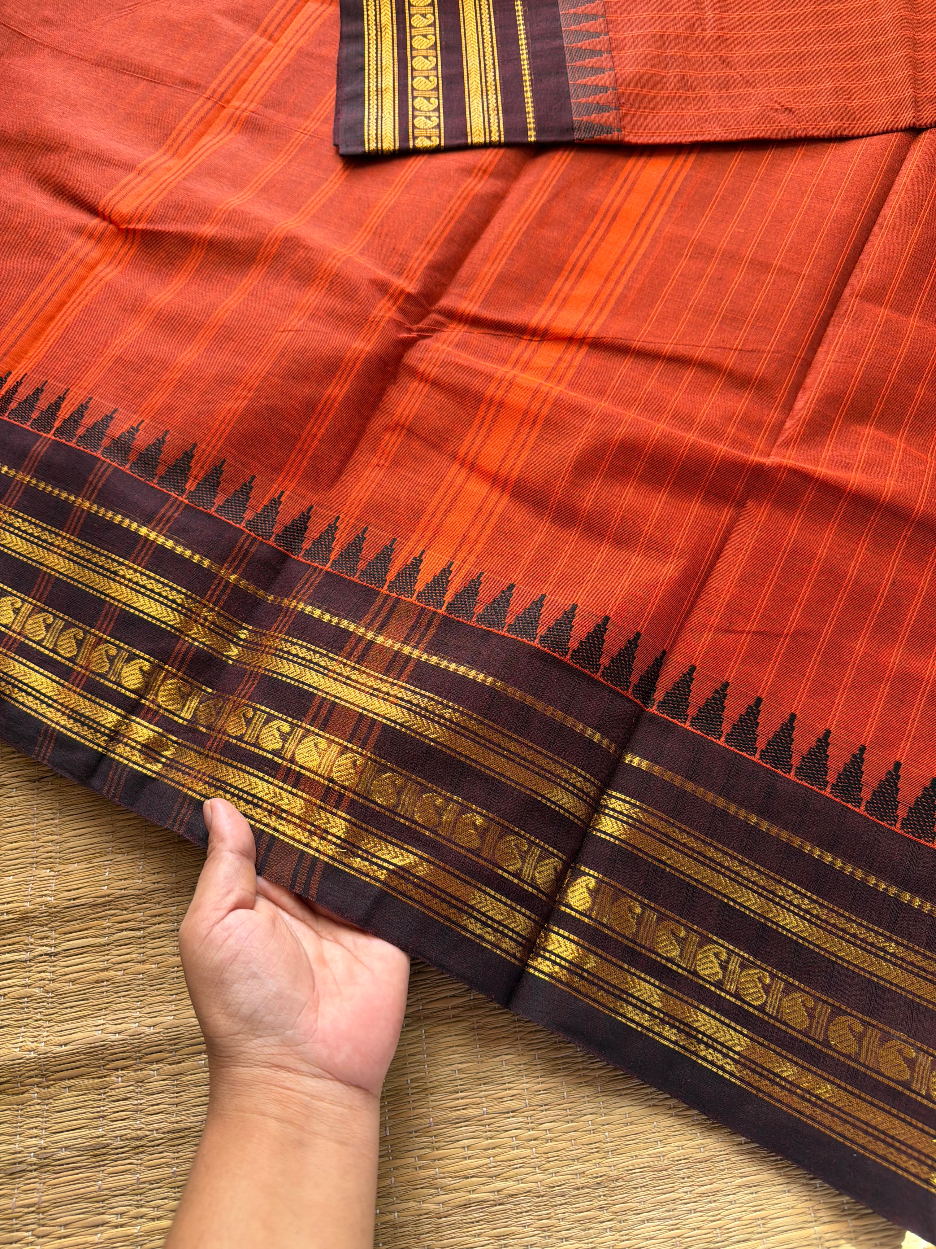RF348 Rust Orange With Contrast Brown Kanchi Cotton Saree with vertical stripped pattern & mango Zari border
